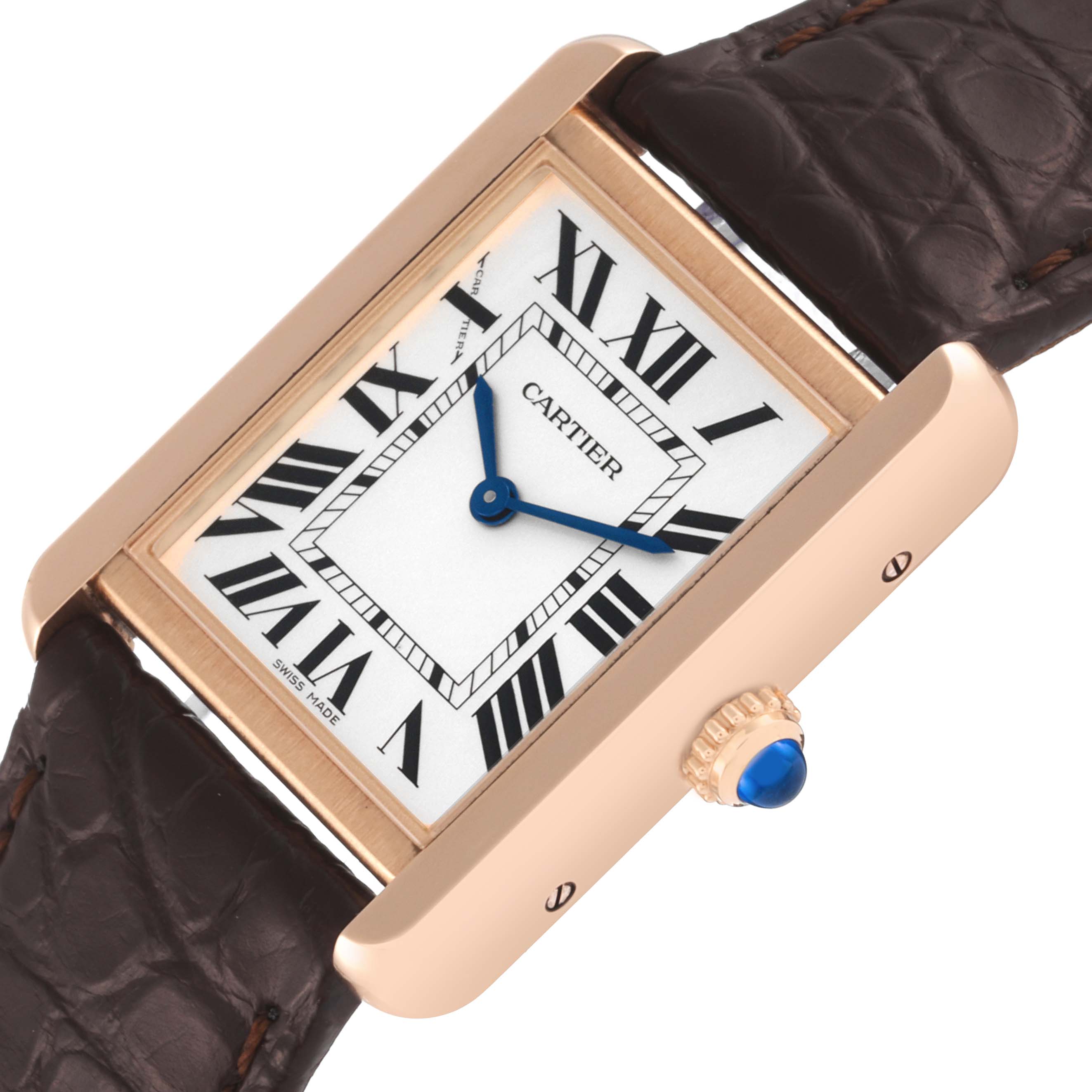 The image shows a Cartier Tank Solo W5200024 Women
s Steel and Gold (two tone) Silver Dial W5200024 Women
s Steel and Gold (two tone) Silver Dial watch at an angled top-down view, highlighting the face, crown, and leather strap.