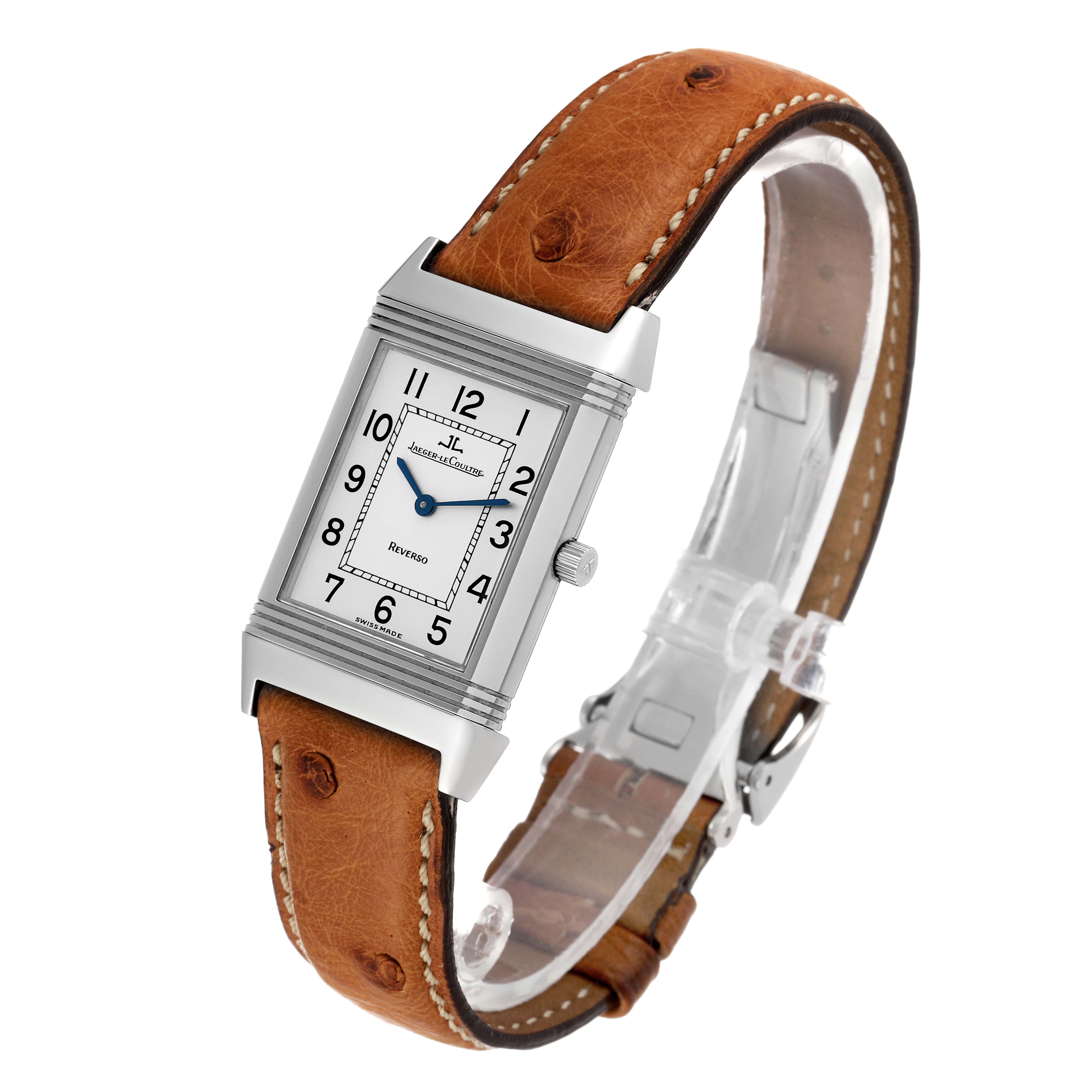 The image shows a Jaeger LeCoultre Reverso 250.8.86 Men's Stainless Steel Silver Dial 250.8.86 Men's Stainless Steel Silver Dial watch from a front angle, highlighting its rectangular dial, case, and leather strap.