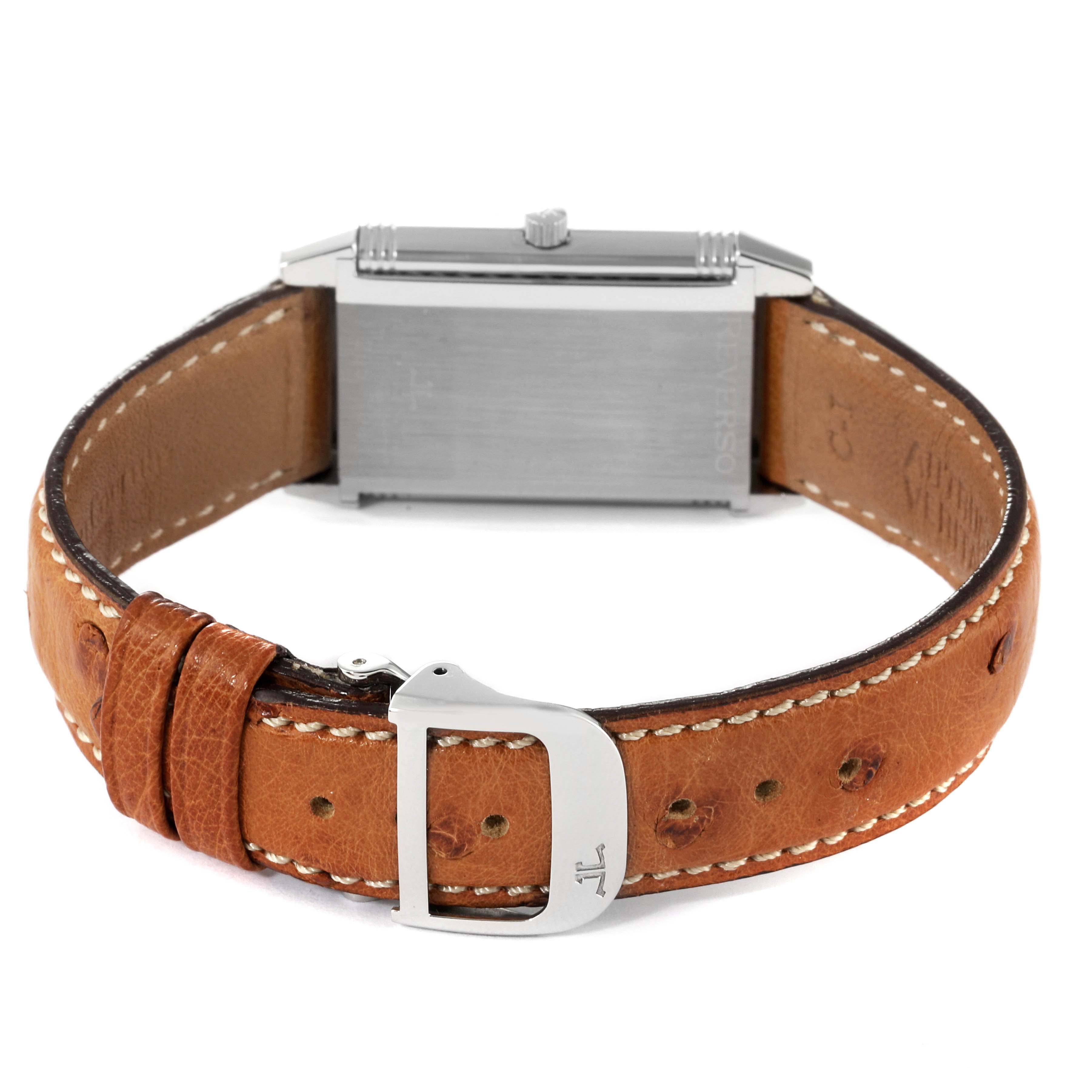 This image shows the back of a Jaeger LeCoultre Reverso 250.8.86 Men's Stainless Steel Silver Dial 250.8.86 Men's Stainless Steel Silver Dial watch with its leather strap and clasp.