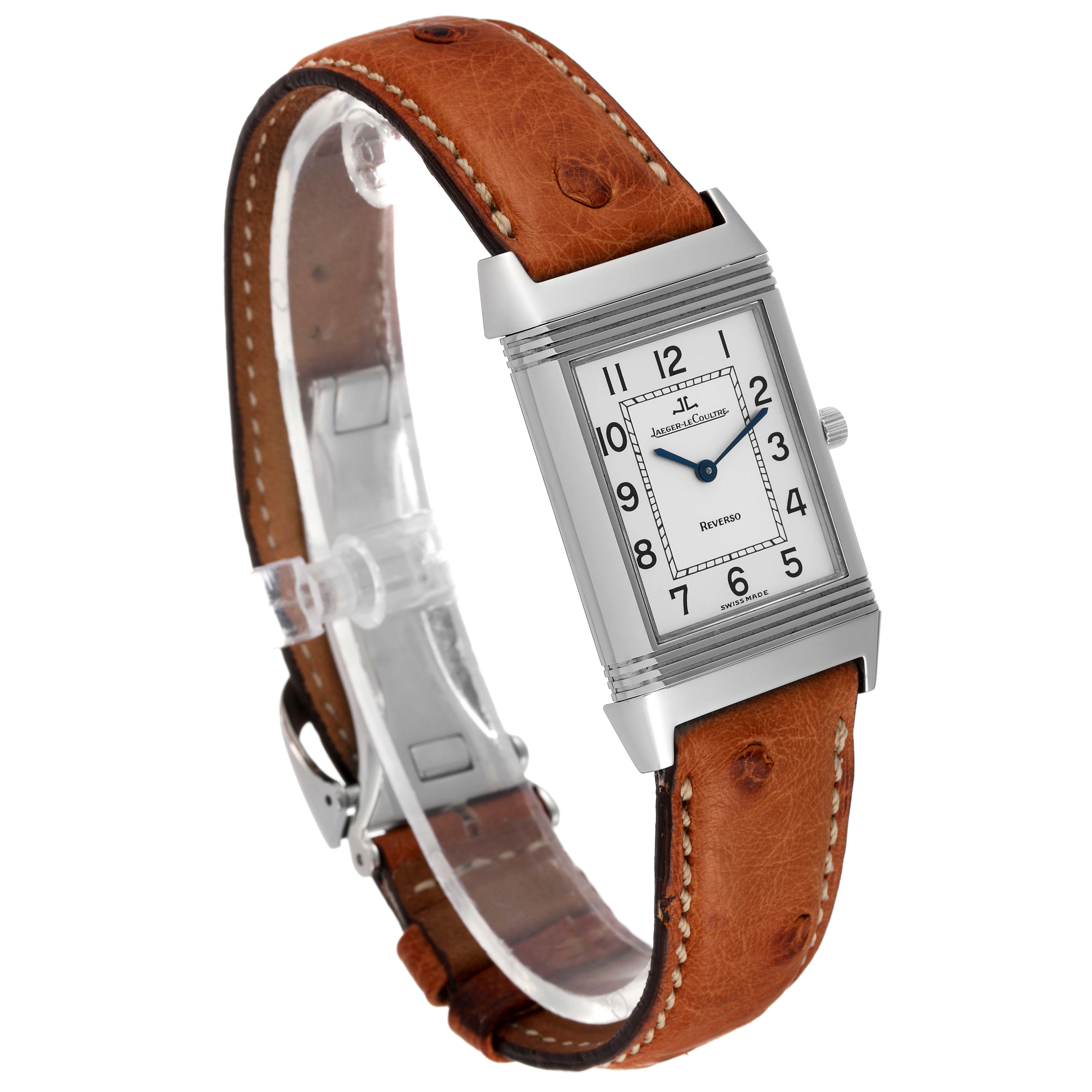 The image shows a Jaeger LeCoultre Reverso 250.8.86 Men's Stainless Steel Silver Dial 250.8.86 Men's Stainless Steel Silver Dial watch at a three-quarter angle, displaying its rectangular dial and brown leather strap.
