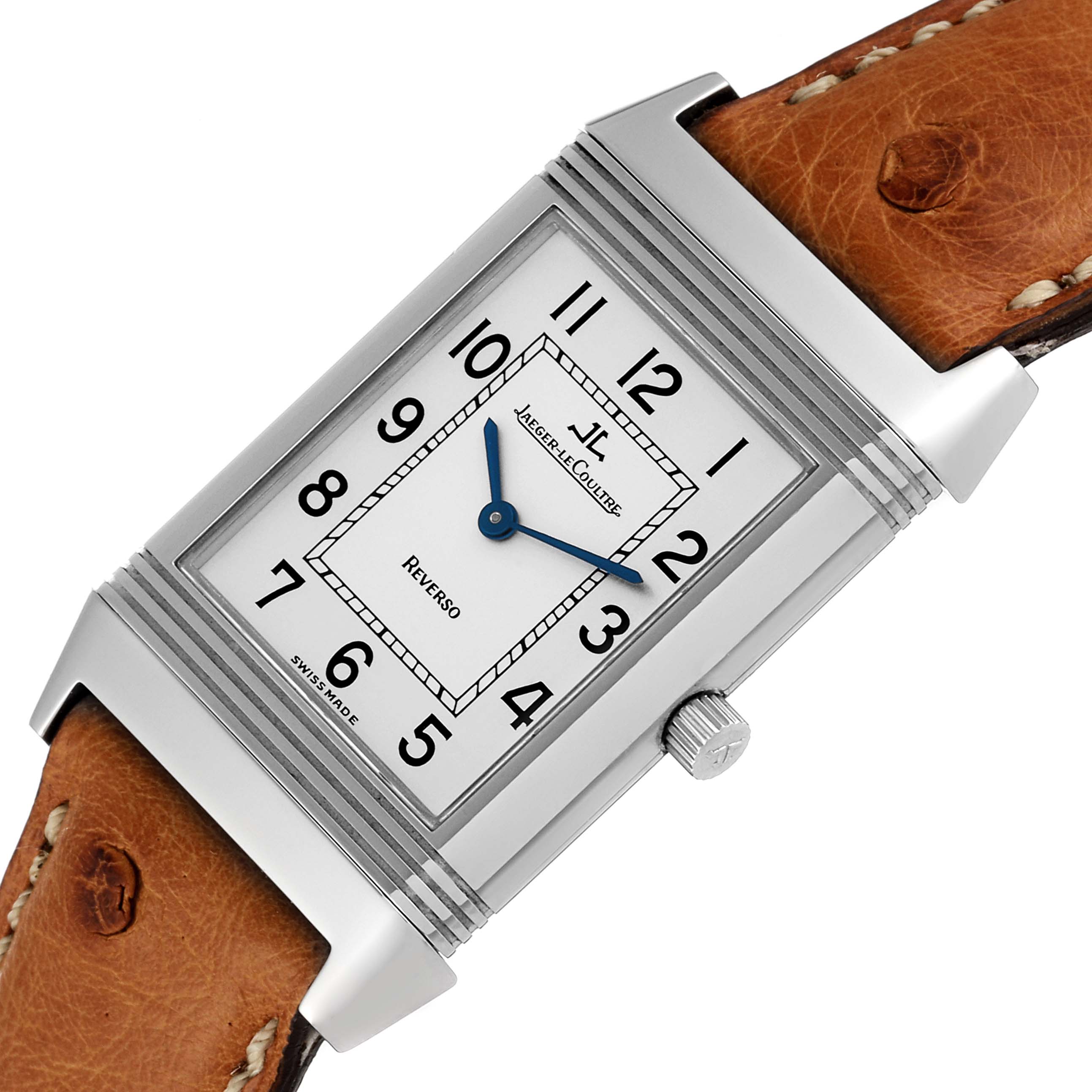 The image shows a front view of the Jaeger LeCoultre Reverso 250.8.86 Men's Stainless Steel Silver Dial 250.8.86 Men's Stainless Steel Silver Dial watch, highlighting its rectangular face and brown leather strap.