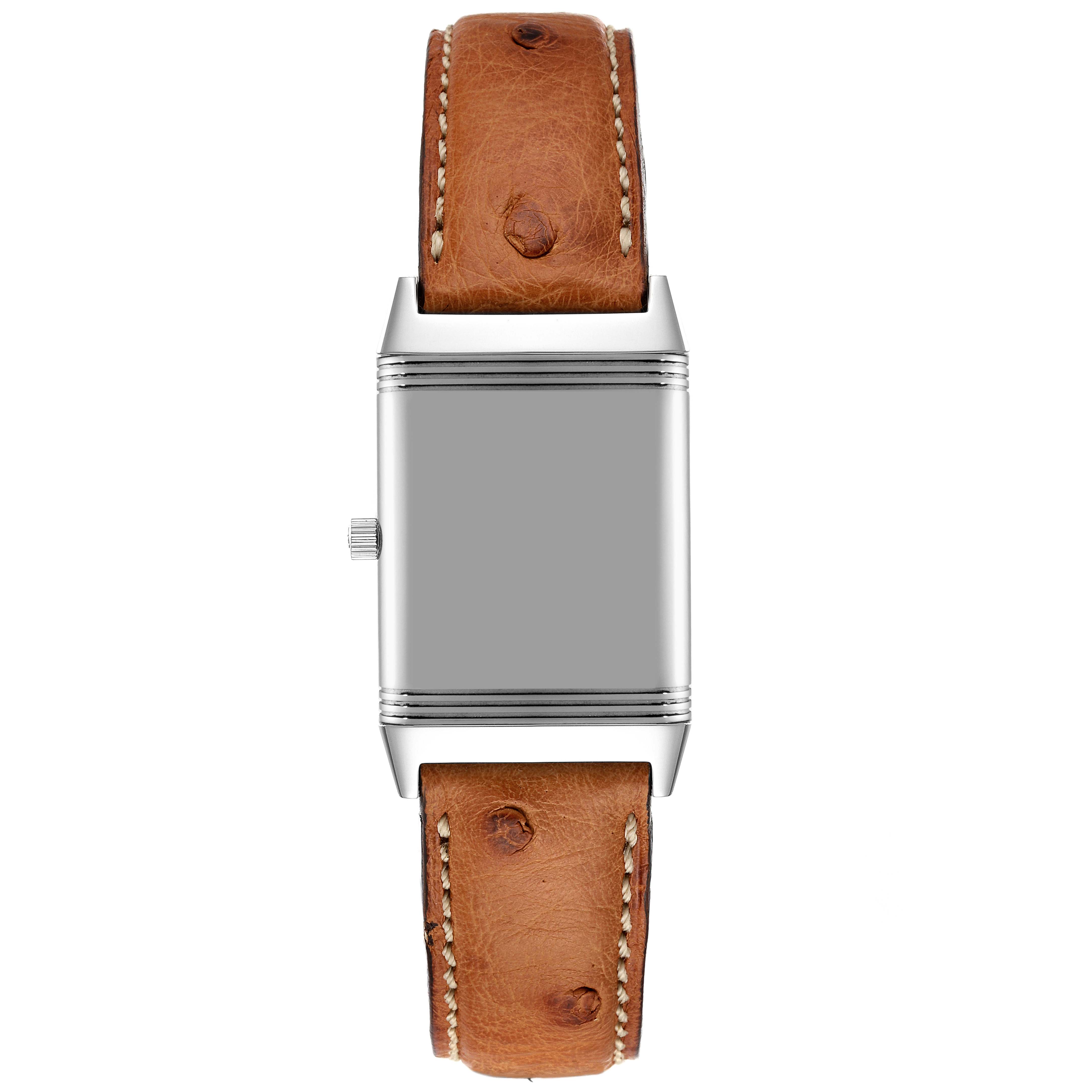 The image shows a Jaeger LeCoultre Reverso 250.8.86 Men's Stainless Steel Silver Dial 250.8.86 Men's Stainless Steel Silver Dial watch with a front-facing view, displaying the case and crown, and a brown leather strap.