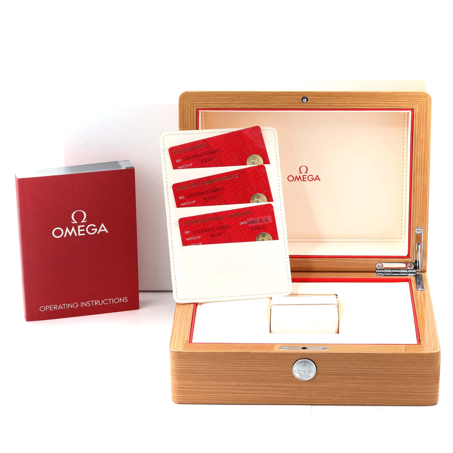 The image shows the packaging, warranty cards, and operating instructions for the Omega Constellation 131.33.41.21.06.001 Men's Stainless Steel Grey Dial 131.33.41.21.06.001 Men's Stainless Steel Grey Dial watch.