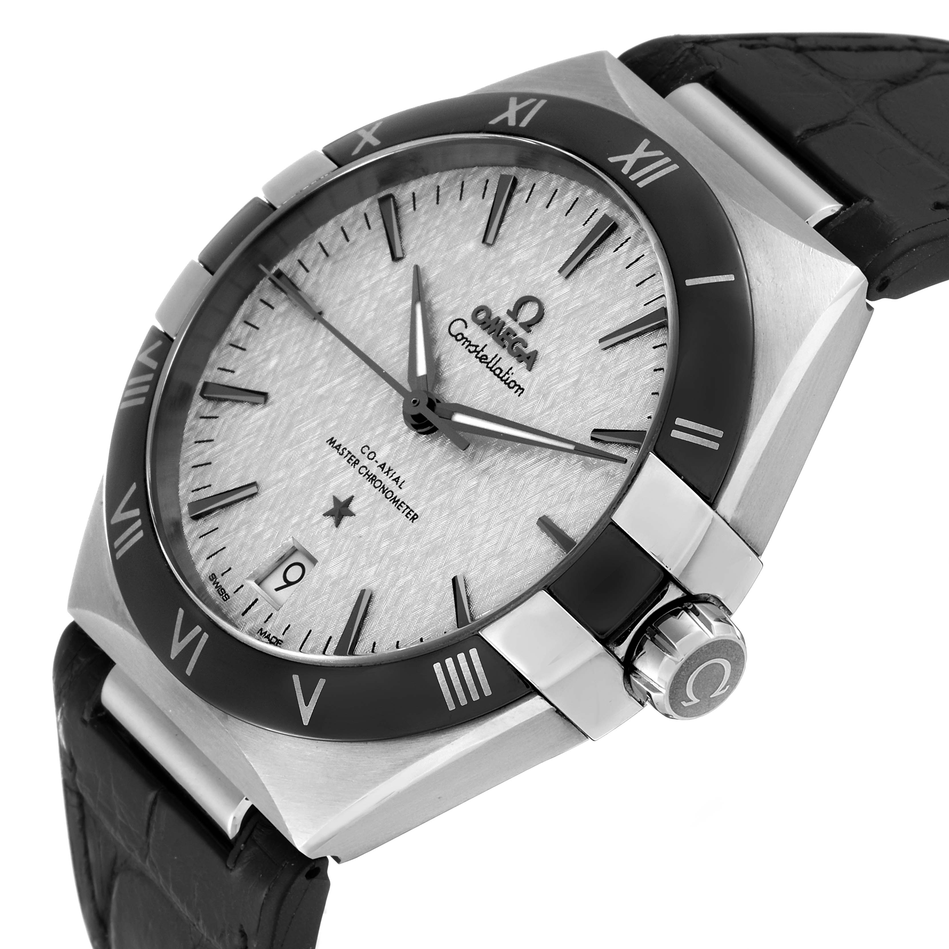 The image shows an angled view of the Omega Constellation 131.33.41.21.06.001 Men's Stainless Steel Grey Dial 131.33.41.21.06.001 Men's Stainless Steel Grey Dial watch, highlighting its face, bezel, crown, and strap attachment.