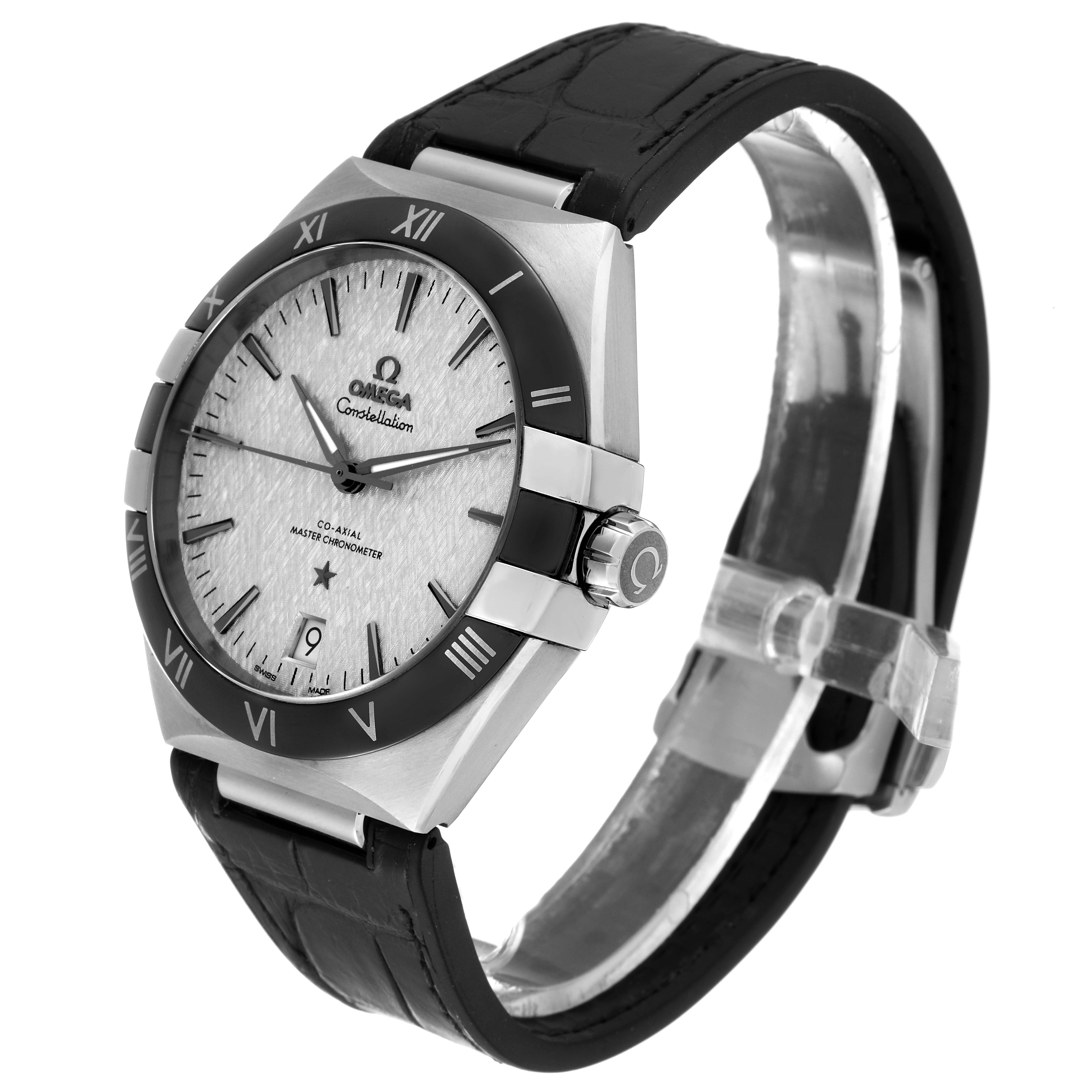This image shows an Omega Constellation 131.33.41.21.06.001 Men's Stainless Steel Grey Dial 131.33.41.21.06.001 Men's Stainless Steel Grey Dial watch at an angle highlighting its dial, bezel, crown, and leather strap.