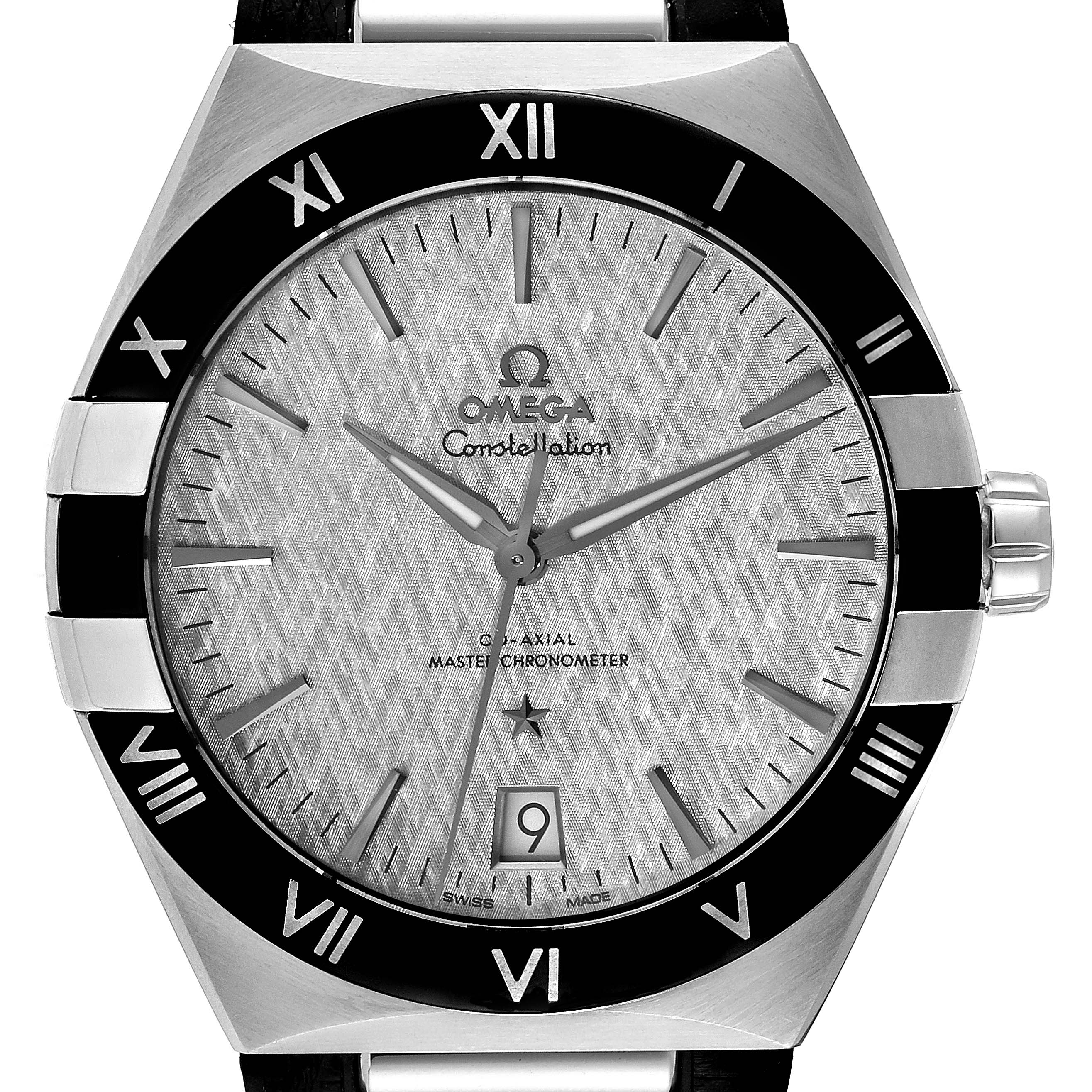 The image shows a front view of the Omega Constellation 131.33.41.21.06.001 Men's Stainless Steel Grey Dial 131.33.41.21.06.001 Men's Stainless Steel Grey Dial watch face, including the dial, hands, numerals, and date window.