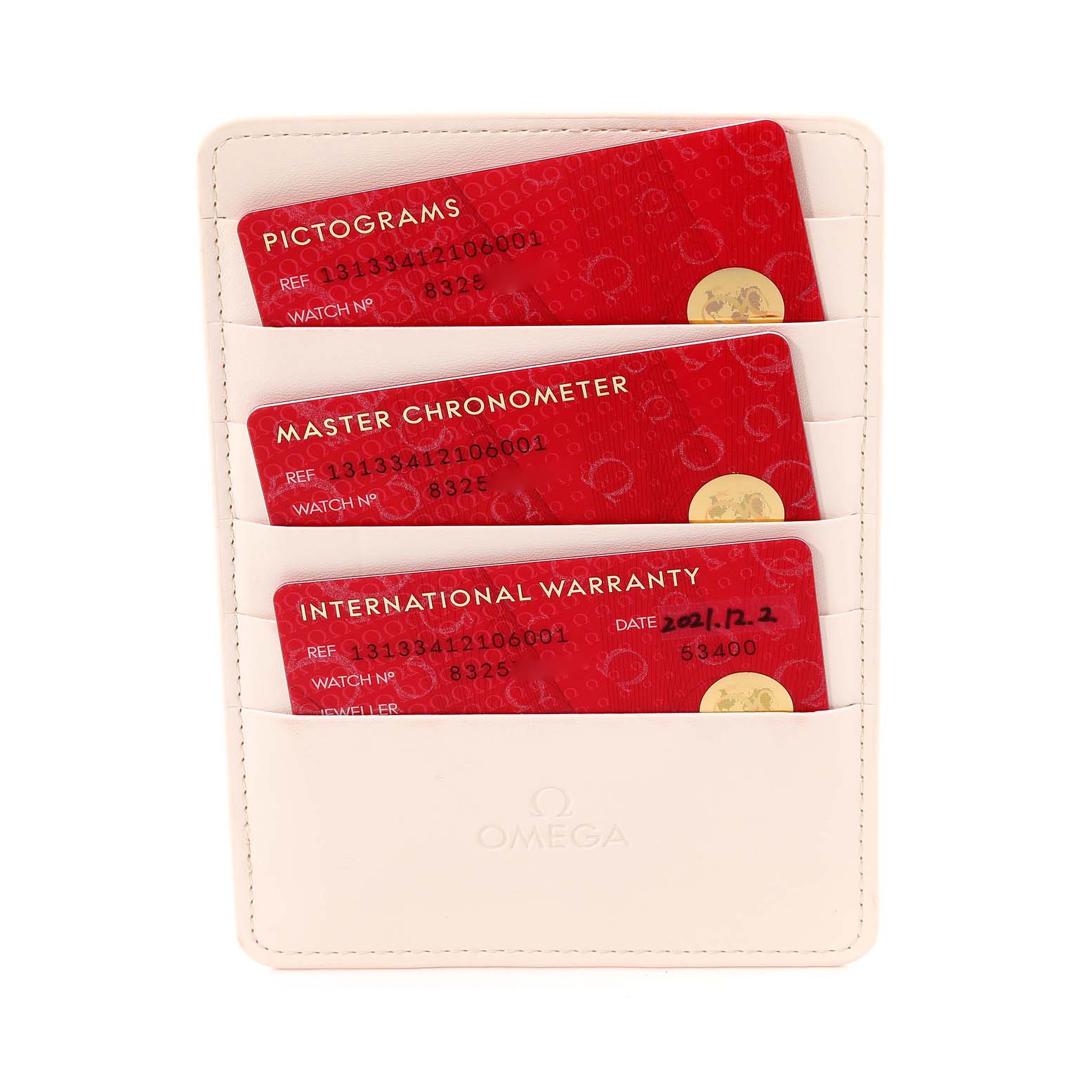 The image shows three red cards with Pictograms, Master Chronometer, and International Warranty details for the Omega Constellation 131.33.41.21.06.001 Men's Stainless Steel Grey Dial 131.33.41.21.06.001 Men's Stainless Steel Grey Dial model.