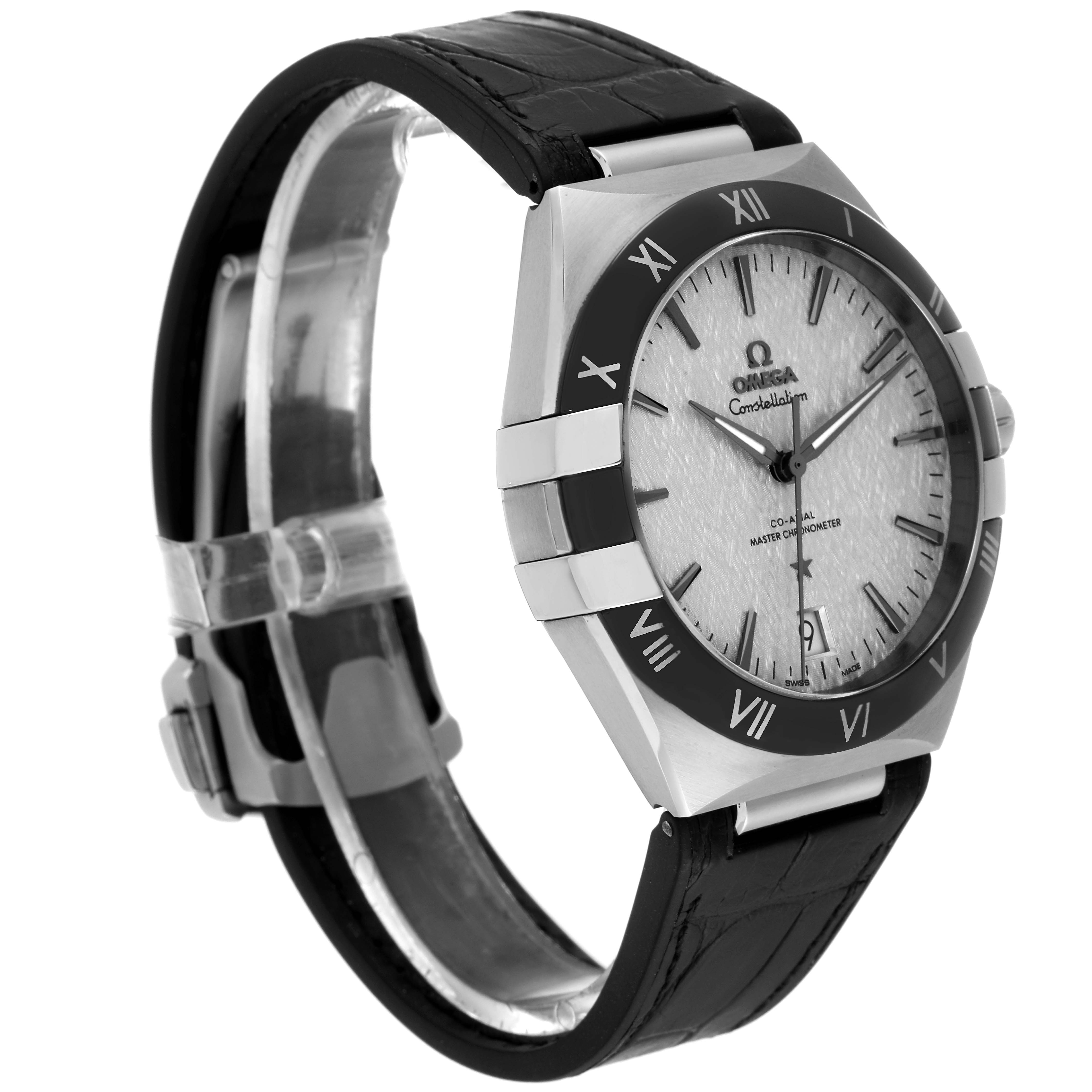 The Omega Constellation 131.33.41.21.06.001 Men's Stainless Steel Grey Dial 131.33.41.21.06.001 Men's Stainless Steel Grey Dial watch is shown at a three-quarter angle, highlighting the face, bezel, and part of the strap.