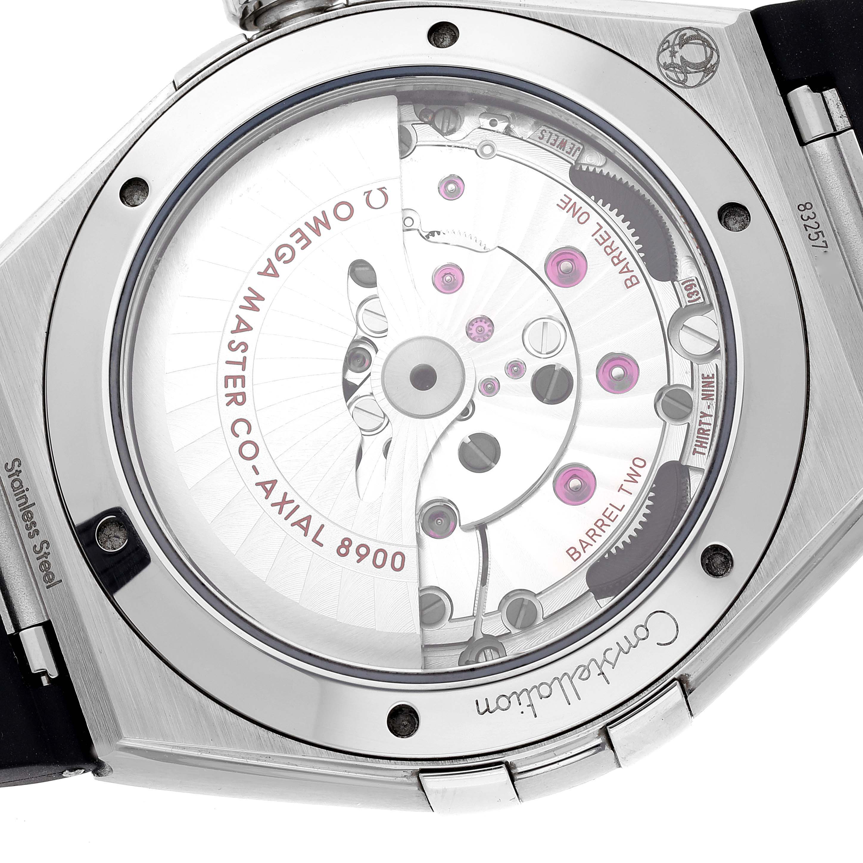 The image shows the back of an Omega Constellation 131.33.41.21.06.001 Men's Stainless Steel Grey Dial 131.33.41.21.06.001 Men's Stainless Steel Grey Dial watch, displaying the inner mechanical components.