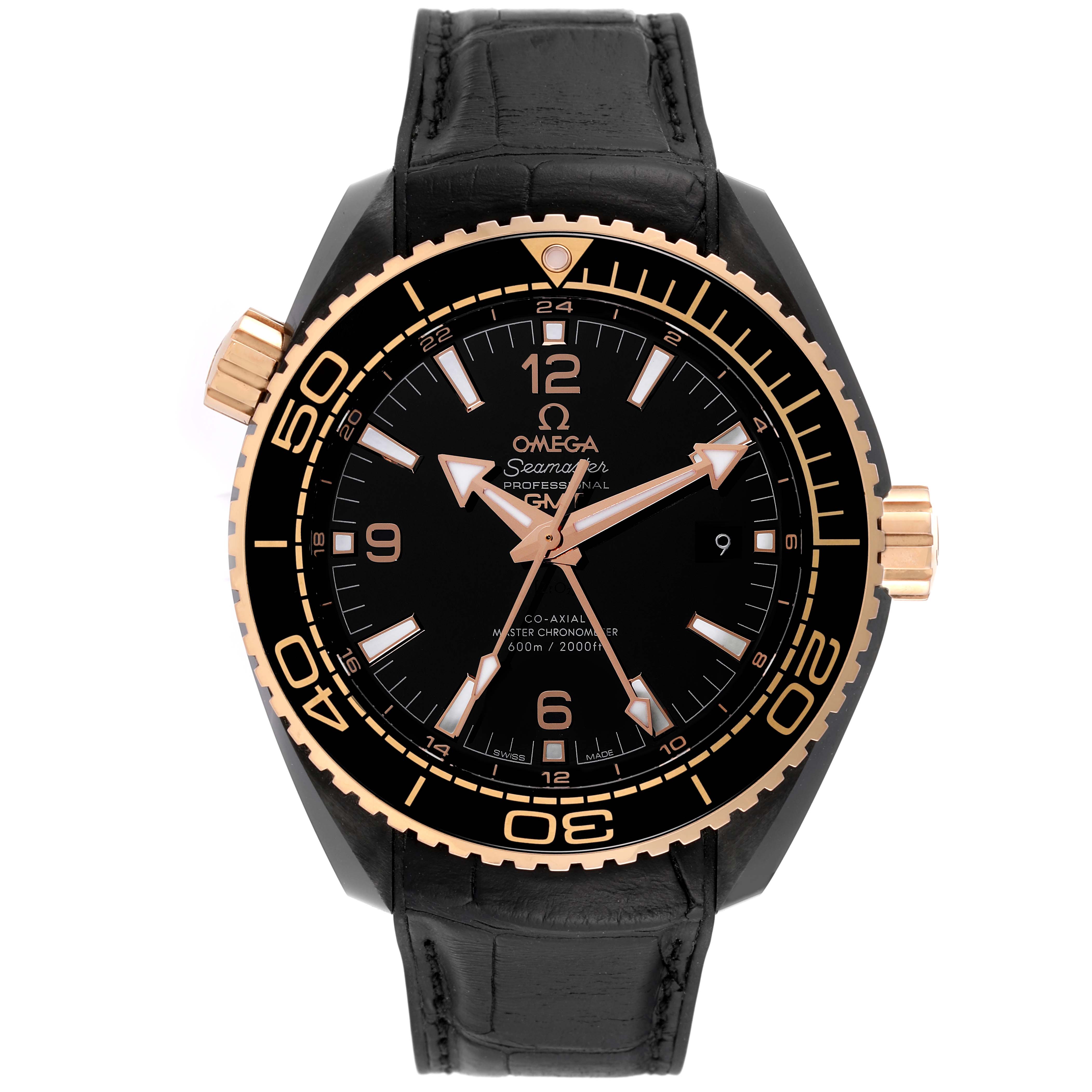 The image shows a front view of the Omega Planet Ocean 215.63.46.22.01.001 Men's Ceramic Black Dial 215.63.46.22.01.001 Men's Ceramic Black Dial watch, featuring its black dial, leather strap, and rose gold bezel.