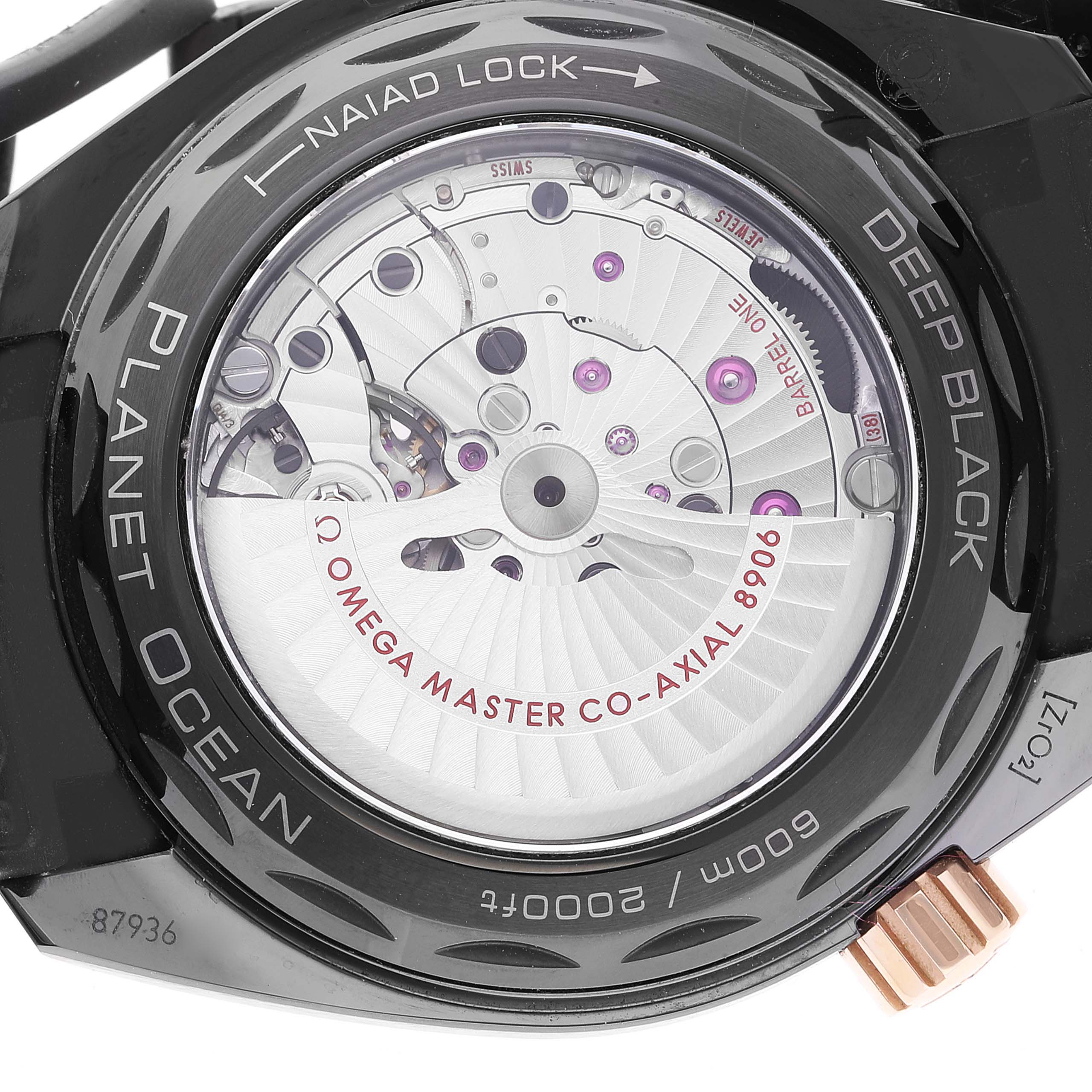 The image shows the back of an Omega Planet Ocean 215.63.46.22.01.001 Men's Ceramic Black Dial 215.63.46.22.01.001 Men's Ceramic Black Dial watch, highlighting the Master Co-Axial 8906 movement.