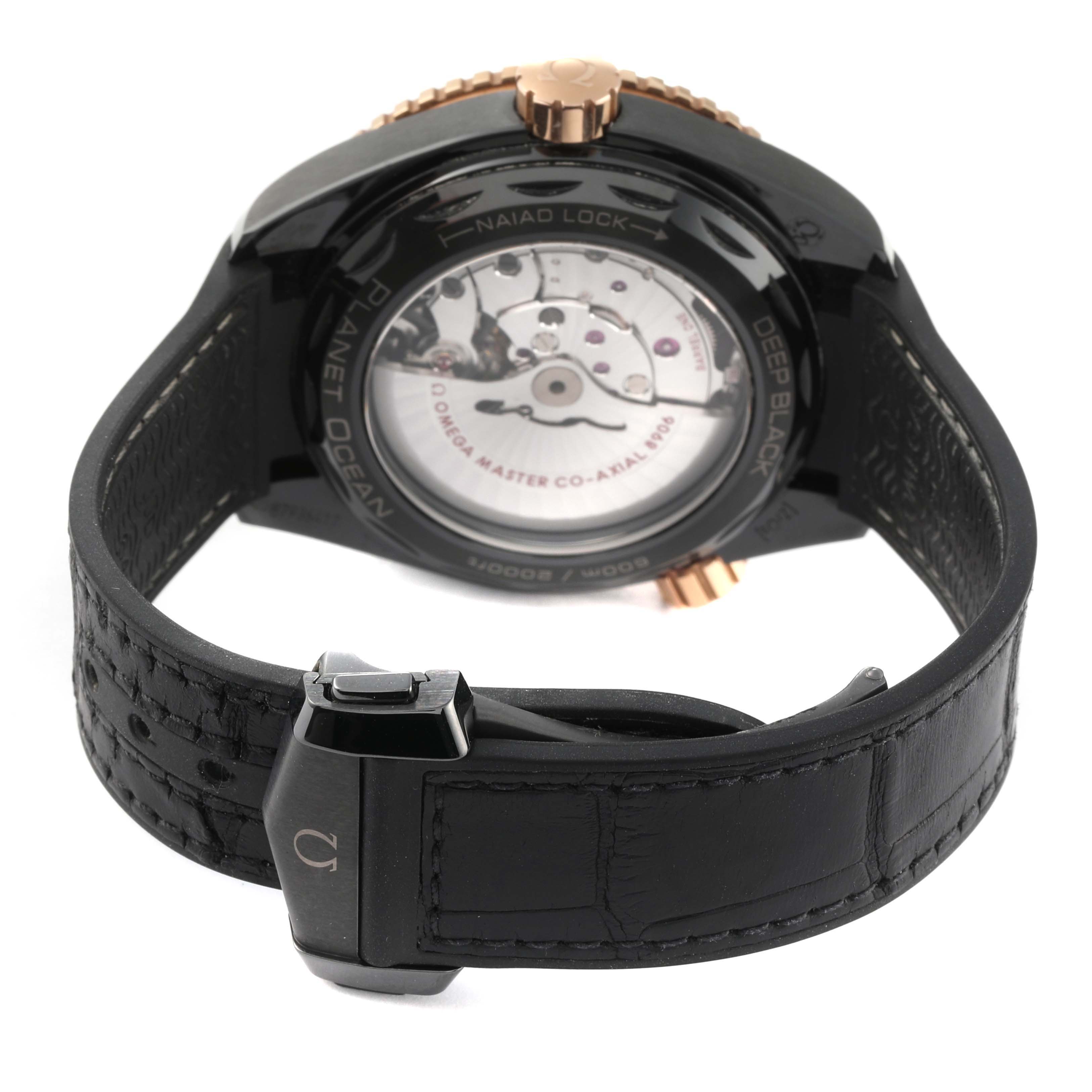 This image shows the back view of an Omega Planet Ocean 215.63.46.22.01.001 Men's Ceramic Black Dial 215.63.46.22.01.001 Men's Ceramic Black Dial watch, highlighting its movement and black leather strap.