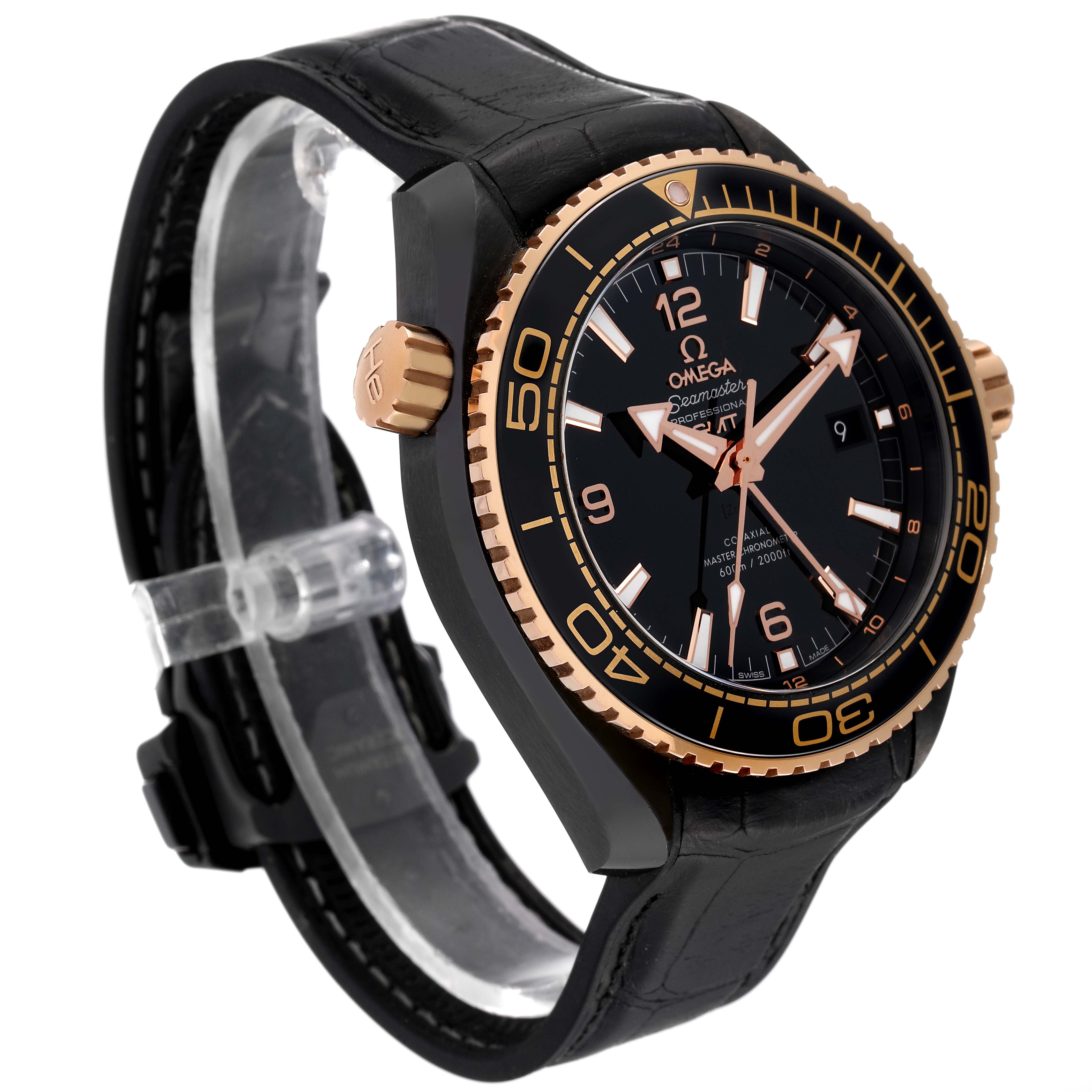 This image shows the Omega Planet Ocean 215.63.46.22.01.001 Men's Ceramic Black Dial 215.63.46.22.01.001 Men's Ceramic Black Dial watch at a front-left angle, displaying the face, bezel, and part of the strap.