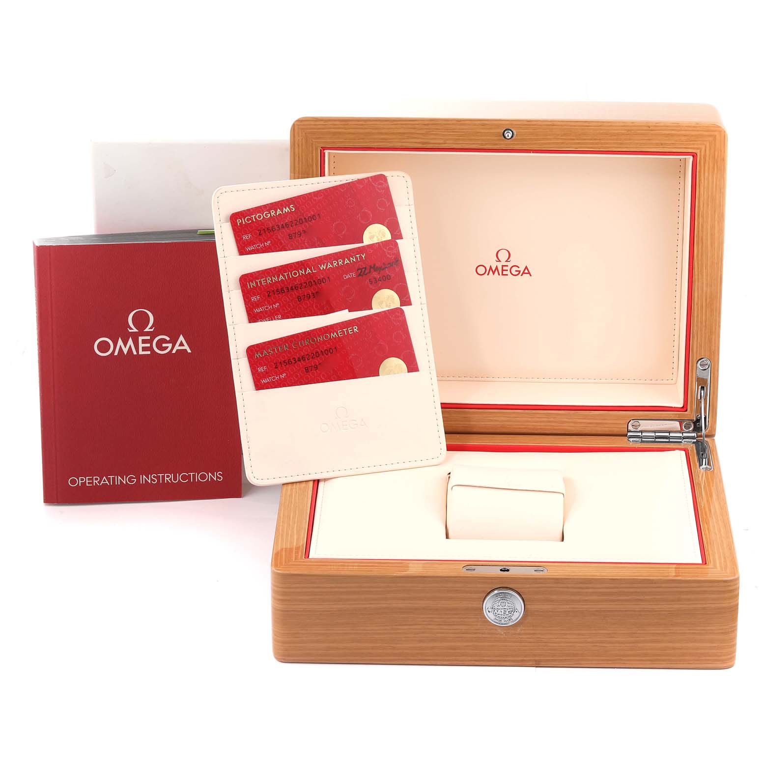 The image shows an Omega Planet Ocean 215.63.46.22.01.001 Men's Ceramic Black Dial 215.63.46.22.01.001 Men's Ceramic Black Dial watch box, operating instructions, warranty cards, and card holder at a 3/4 angle.