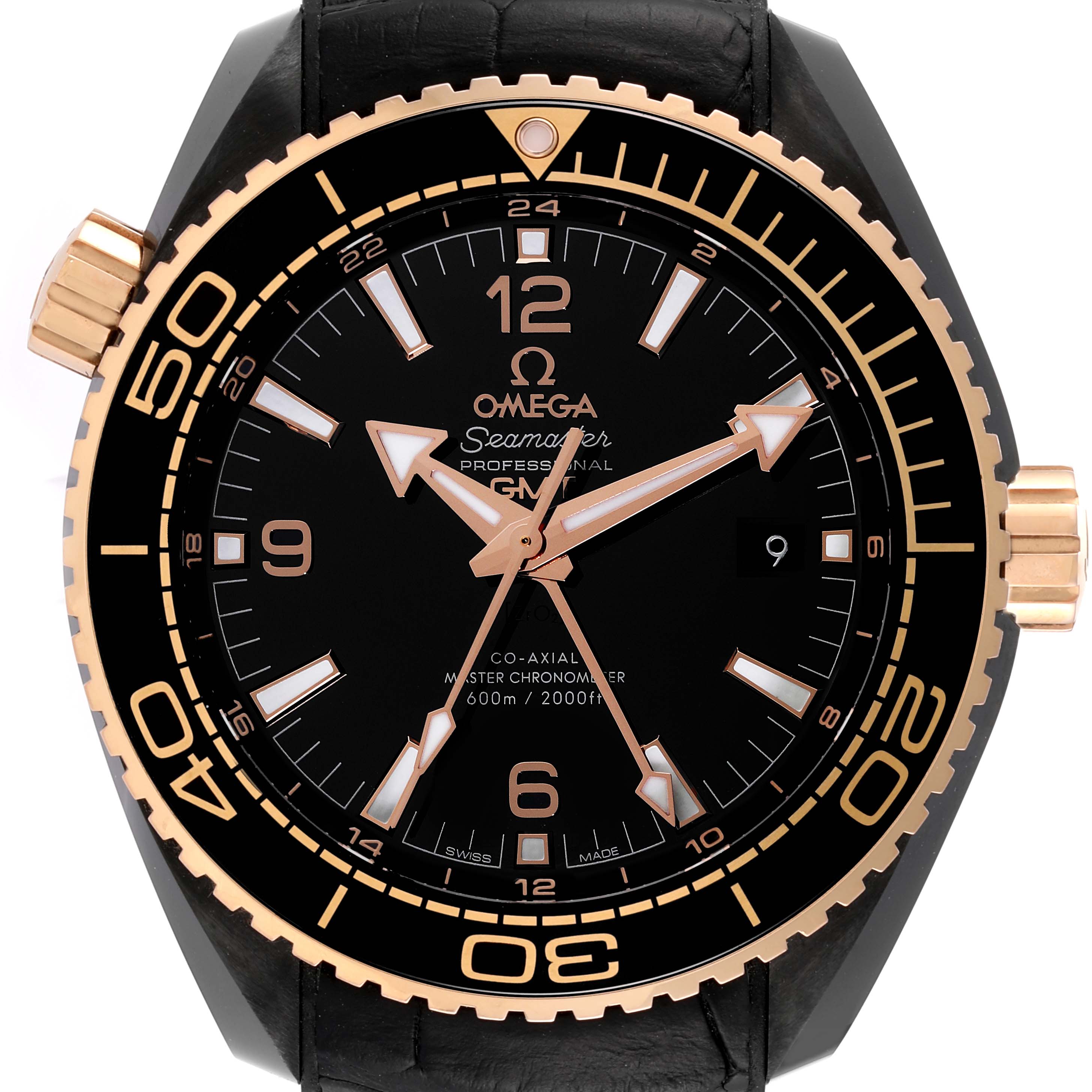 The image shows a front view of the Omega Planet Ocean 215.63.46.22.01.001 Men's Ceramic Black Dial 215.63.46.22.01.001 Men's Ceramic Black Dial model, featuring the dial, bezel, and crown.