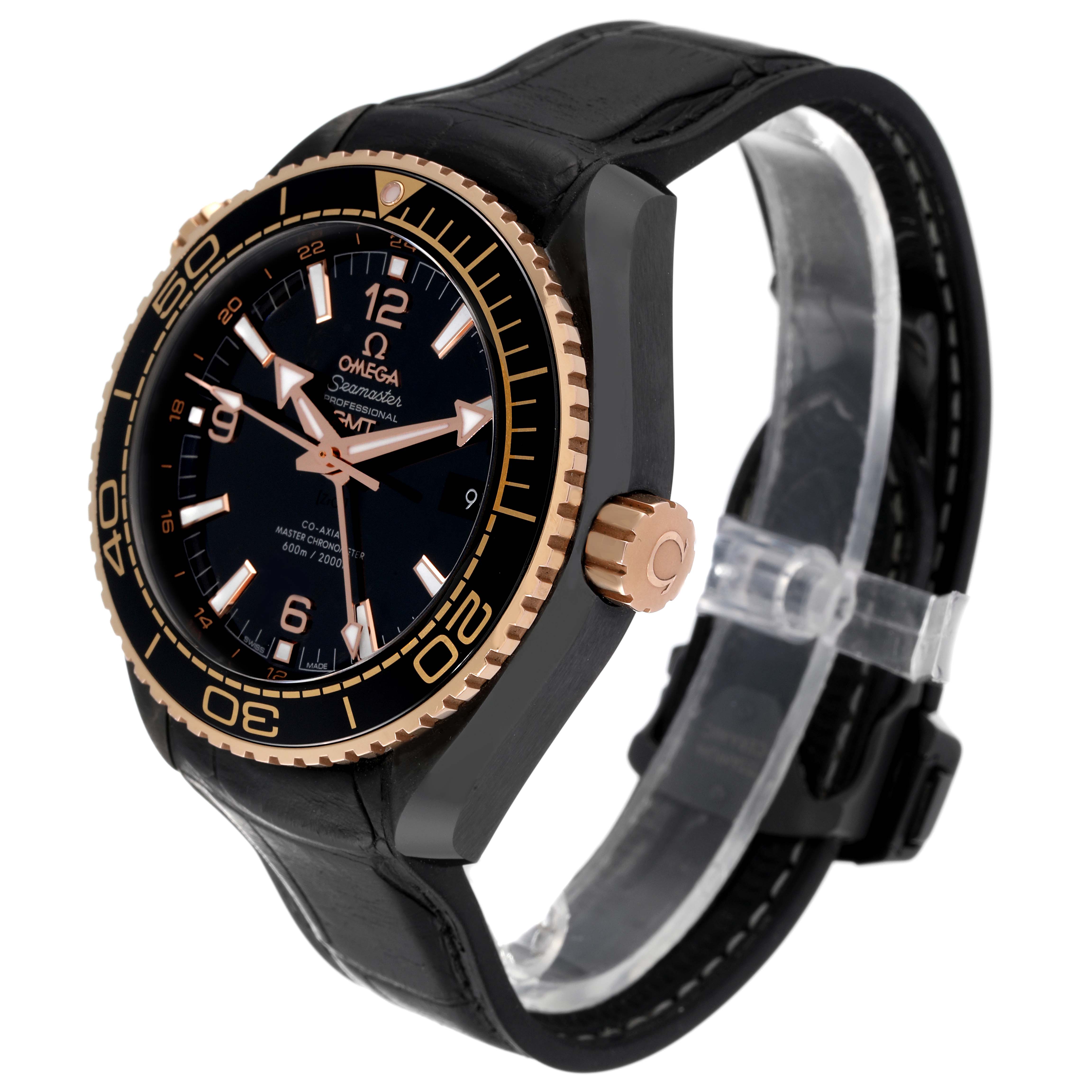 The Omega Planet Ocean 215.63.46.22.01.001 Men's Ceramic Black Dial 215.63.46.22.01.001 Men's Ceramic Black Dial watch is shown at an angle displaying the dial, bezel, crown, and strap.