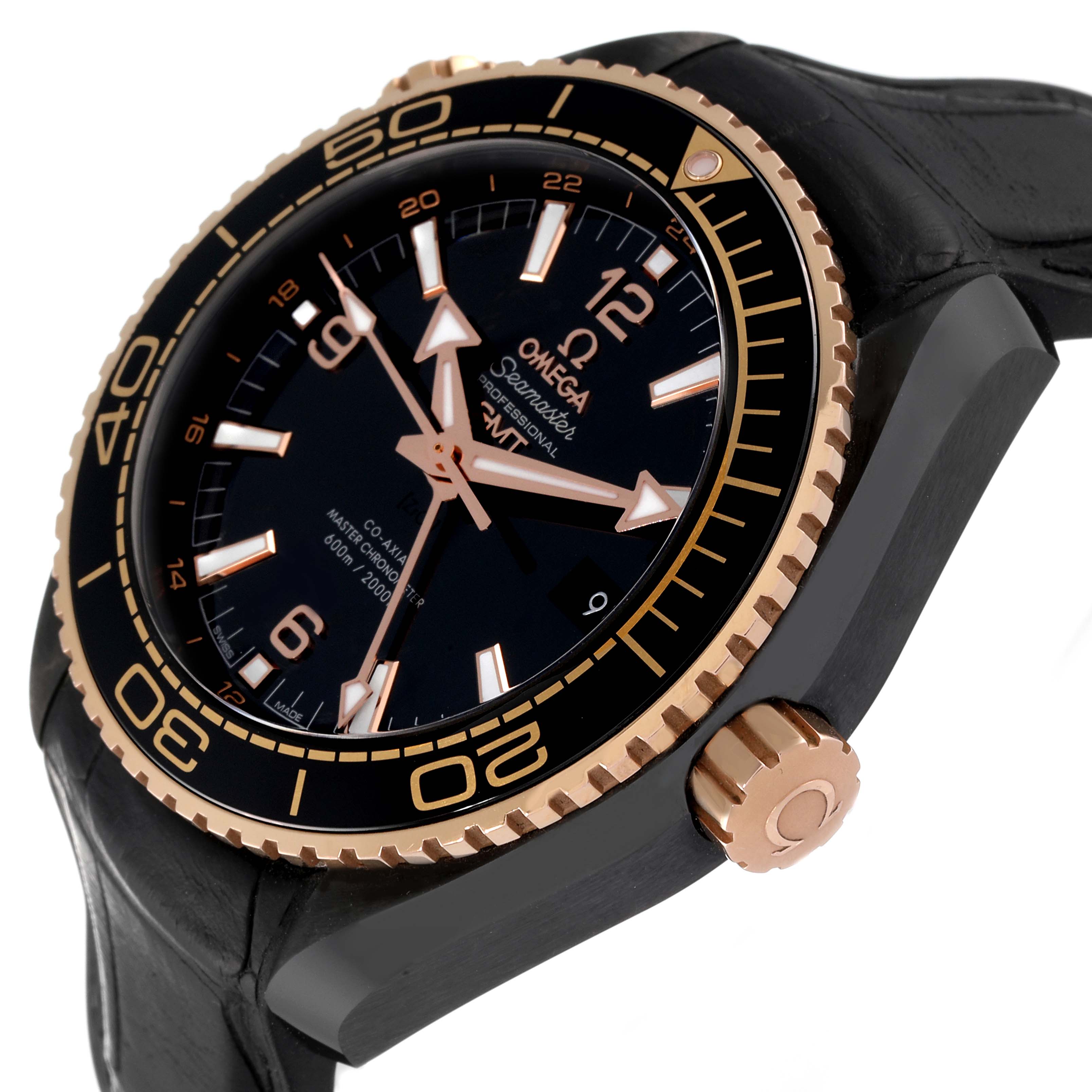 This image shows the Omega Planet Ocean 215.63.46.22.01.001 Men's Ceramic Black Dial 215.63.46.22.01.001 Men's Ceramic Black Dial watch from an angled side view focusing on the bezel, dial, and crown.