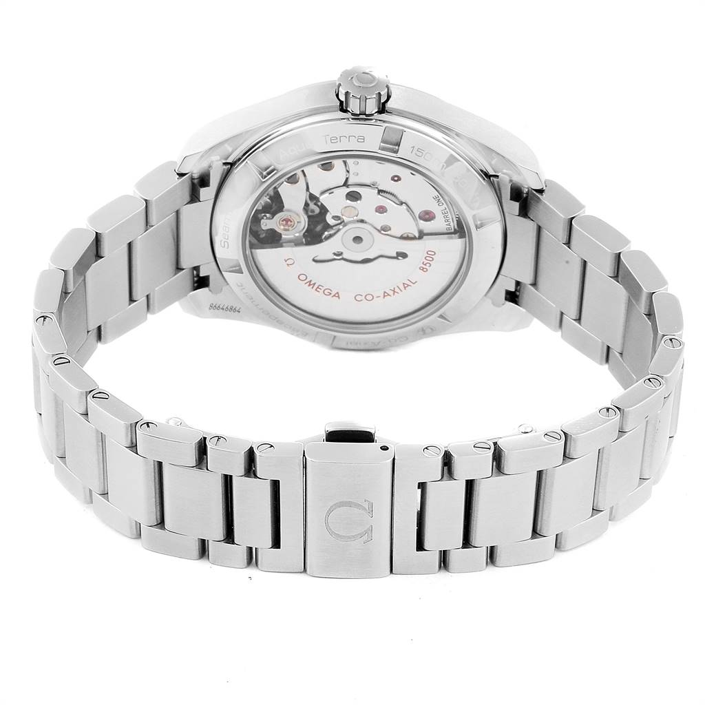 The image shows the back view of an Omega Aqua Terra 231.10.39.21.54.001 Men
s Stainless Steel White Dial 231.10.39.21.54.001 Men
s Stainless Steel White Dial watch, highlighting the visible mechanism and metal bracelet.