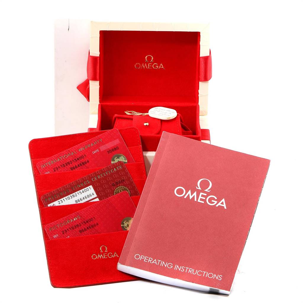 The image shows the box, warranty cards, certificate, and operating instructions for the Omega Aqua Terra 231.10.39.21.54.001 Men
s Stainless Steel White Dial 231.10.39.21.54.001 Men
s Stainless Steel White Dial model.