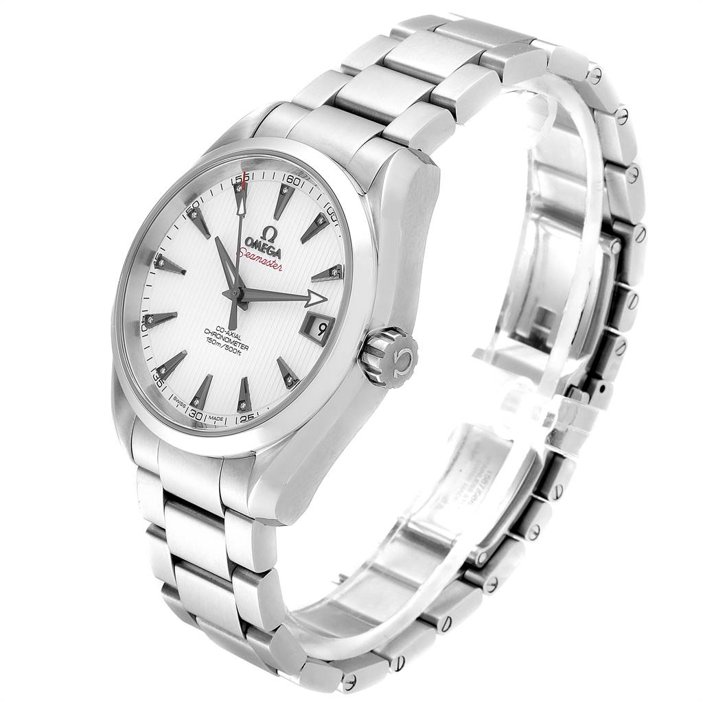 The image shows an Omega Aqua Terra 231.10.39.21.54.001 Men
s Stainless Steel White Dial 231.10.39.21.54.001 Men
s Stainless Steel White Dial watch at a three-quarter angle, highlighting the face, bezel, crown, and metal bracelet.