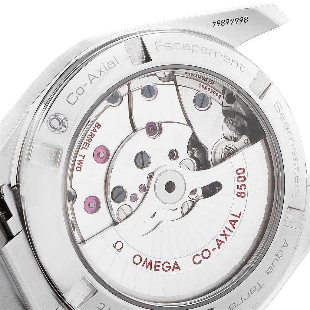The image shows the backside view of the Omega Aqua Terra 231.10.39.21.54.001 Men
s Stainless Steel White Dial 231.10.39.21.54.001 Men
s Stainless Steel White Dial watch, highlighting the Co-Axial 8500 movement.