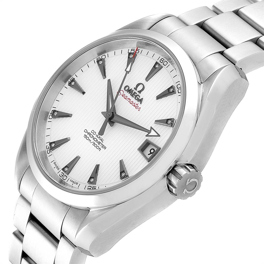 The Omega Aqua Terra 231.10.39.21.54.001 Men
s Stainless Steel White Dial 231.10.39.21.54.001 Men
s Stainless Steel White Dial watch is shown at an angle, highlighting the dial, crown, and metal bracelet.