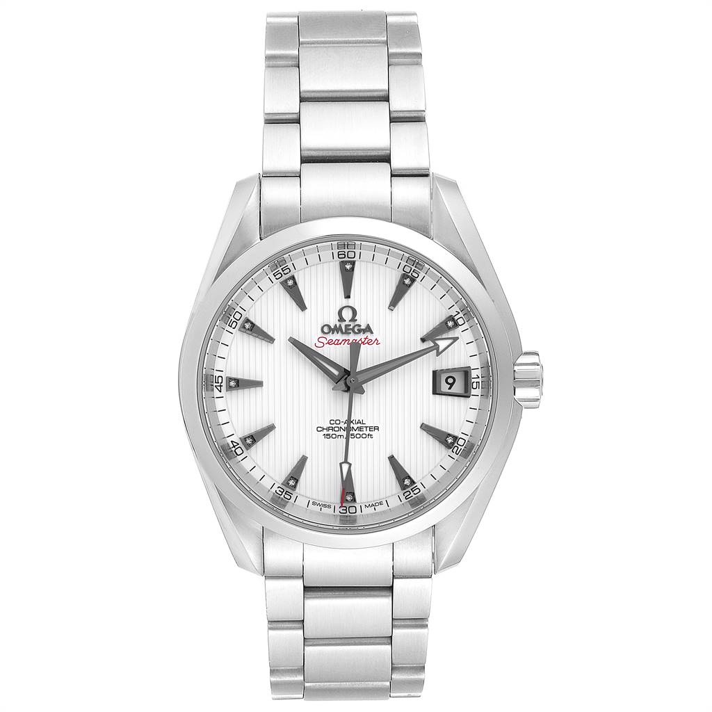 The image shows a front view of the Omega Aqua Terra 231.10.39.21.54.001 Men
s Stainless Steel White Dial 231.10.39.21.54.001 Men
s Stainless Steel White Dial watch, displaying the face, bracelet, and crown.