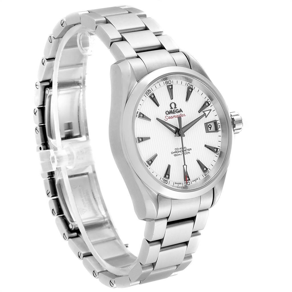 The image shows an Omega Aqua Terra 231.10.39.21.54.001 Men
s Stainless Steel White Dial 231.10.39.21.54.001 Men
s Stainless Steel White Dial watch at a three-quarter angle, displaying its face, bracelet, and crown.