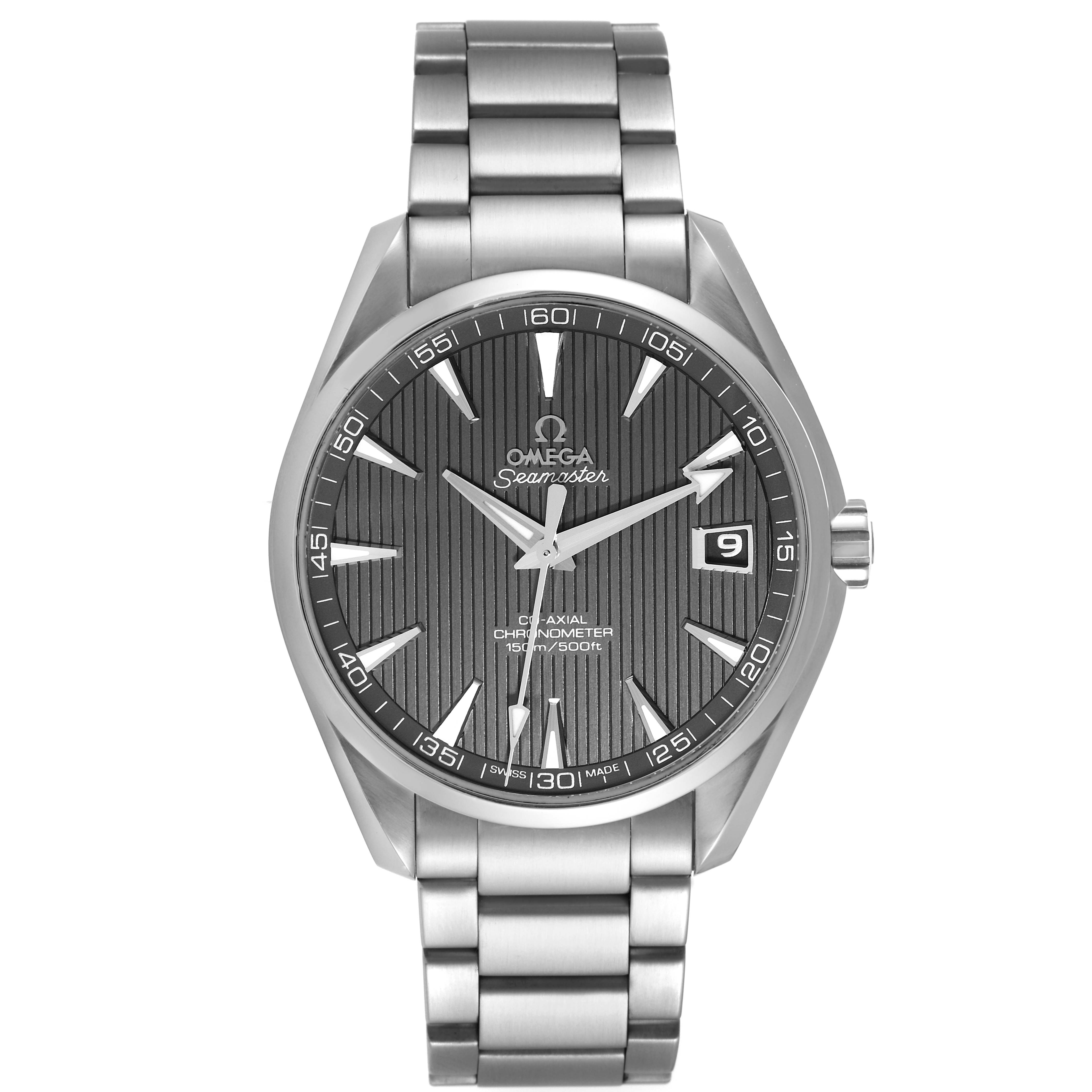 The image shows a front view of the Omega Aqua Terra 231.10.42.21.06.001 Men
s Stainless Steel Grey Dial 231.10.42.21.06.001 Men
s Stainless Steel Grey Dial watch with a stainless steel bracelet and black dial.
