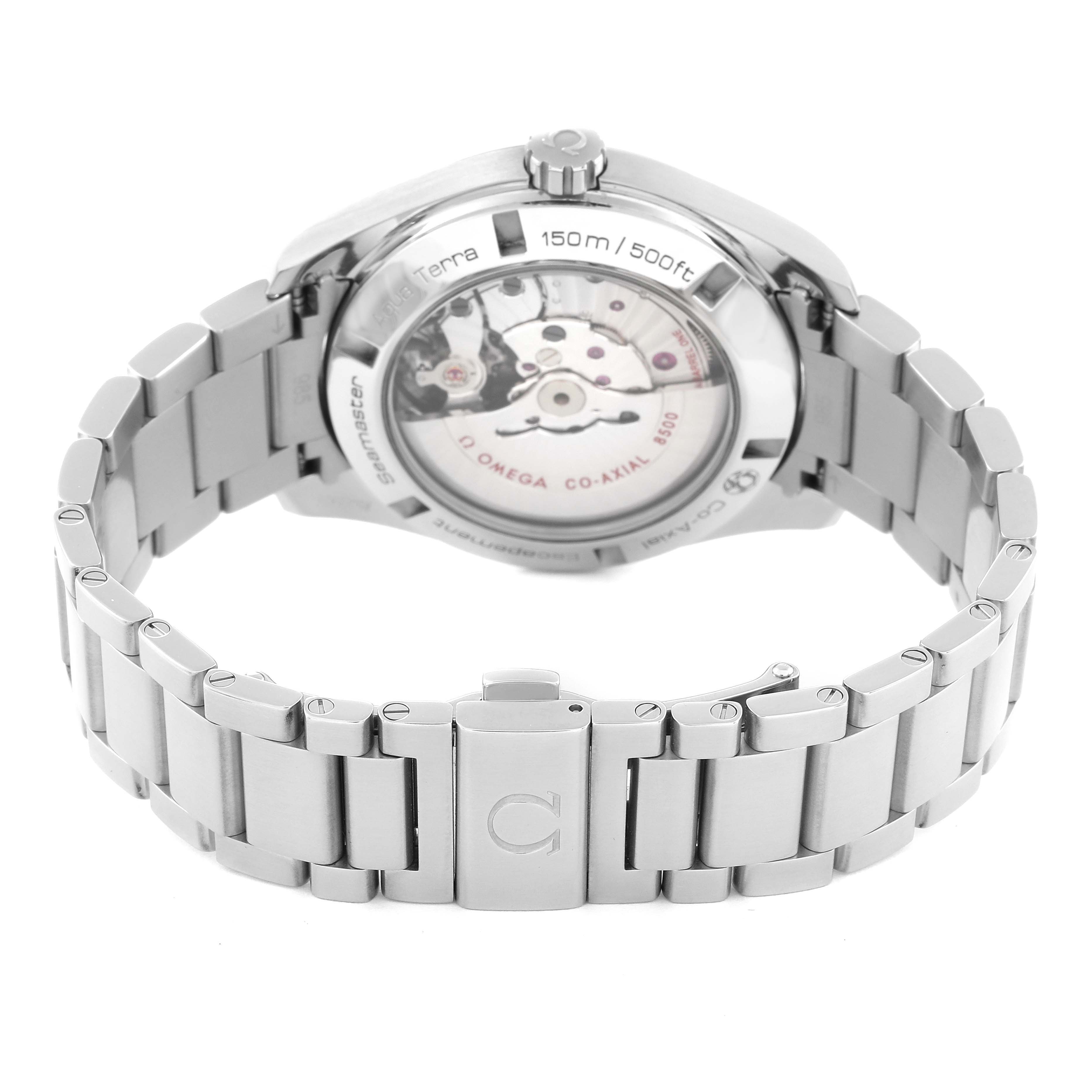 The image shows the back and bracelet of the Omega Aqua Terra 231.10.42.21.06.001 Men
s Stainless Steel Grey Dial 231.10.42.21.06.001 Men
s Stainless Steel Grey Dial model, highlighting the exhibition case back and metal clasp.