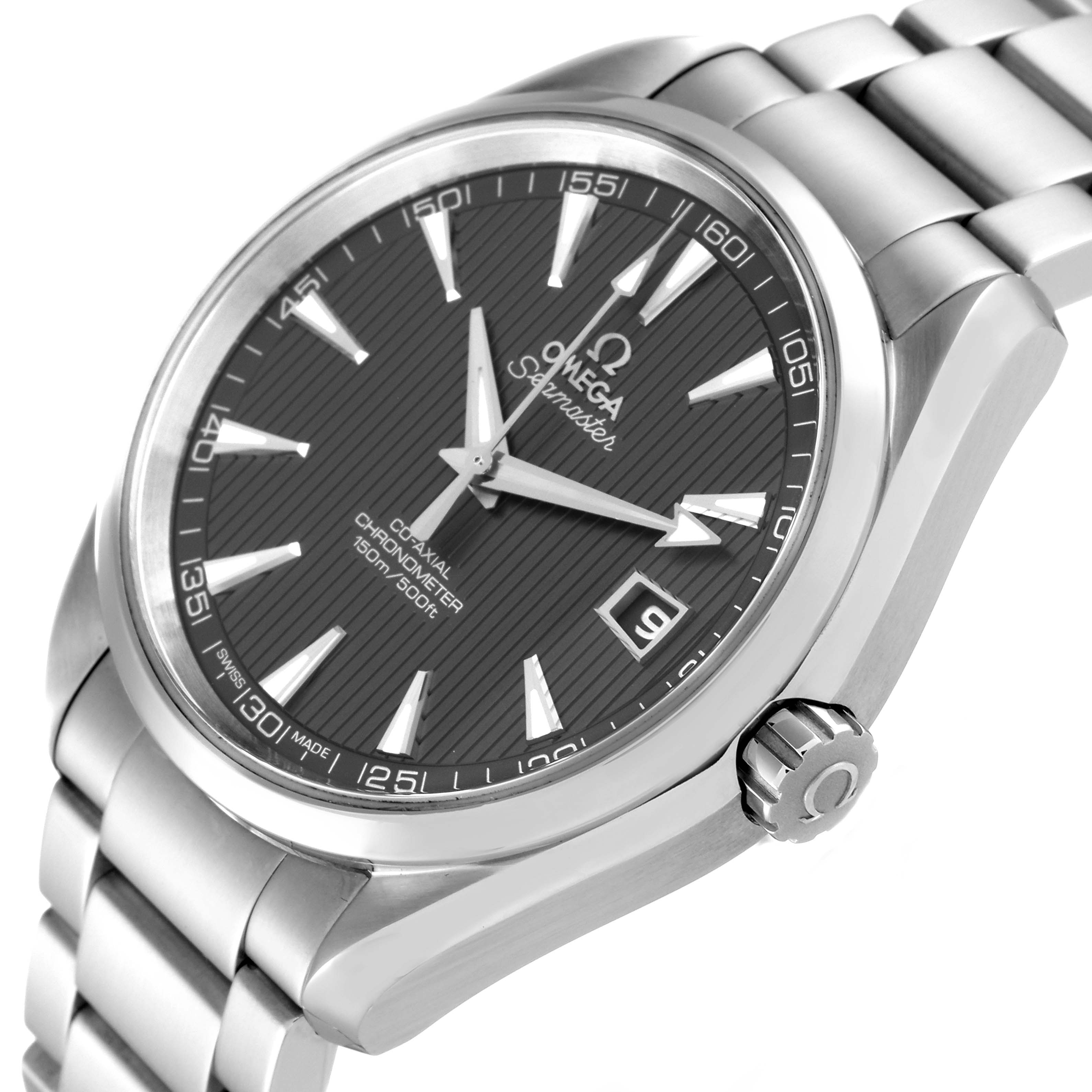 This image shows a side and partial front view of the Omega Aqua Terra 231.10.42.21.06.001 Men
s Stainless Steel Grey Dial 231.10.42.21.06.001 Men
s Stainless Steel Grey Dial watch, highlighting the face, crown, and bracelet.