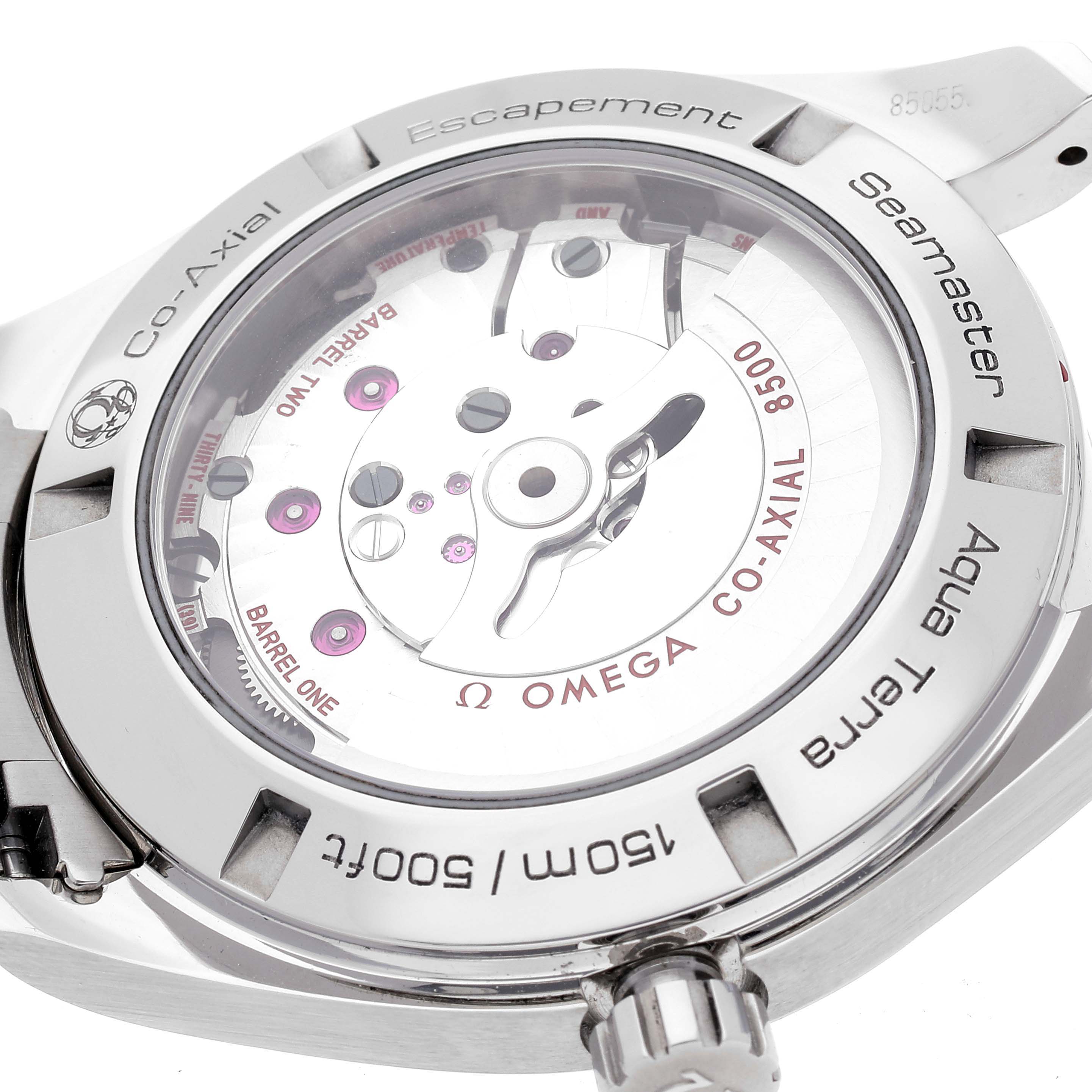 Shown from the back, the Omega Aqua Terra 231.10.42.21.06.001 Men
s Stainless Steel Grey Dial 231.10.42.21.06.001 Men
s Stainless Steel Grey Dial watch reveals its Co-Axial 8500 movement and internal mechanics through a transparent case back.