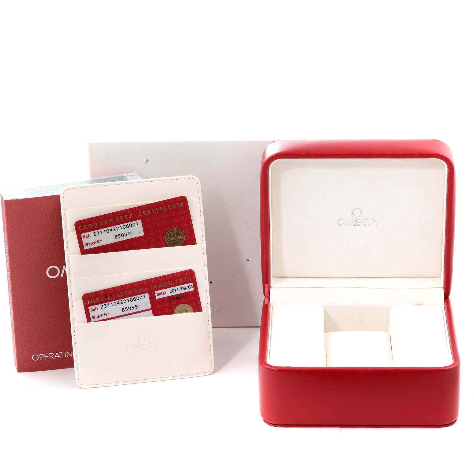 The image shows an Omega Aqua Terra 231.10.42.21.06.001 Men
s Stainless Steel Grey Dial 231.10.42.21.06.001 Men
s Stainless Steel Grey Dial watch box, cards, cardholder, and operating instructions at an eye-level angle.