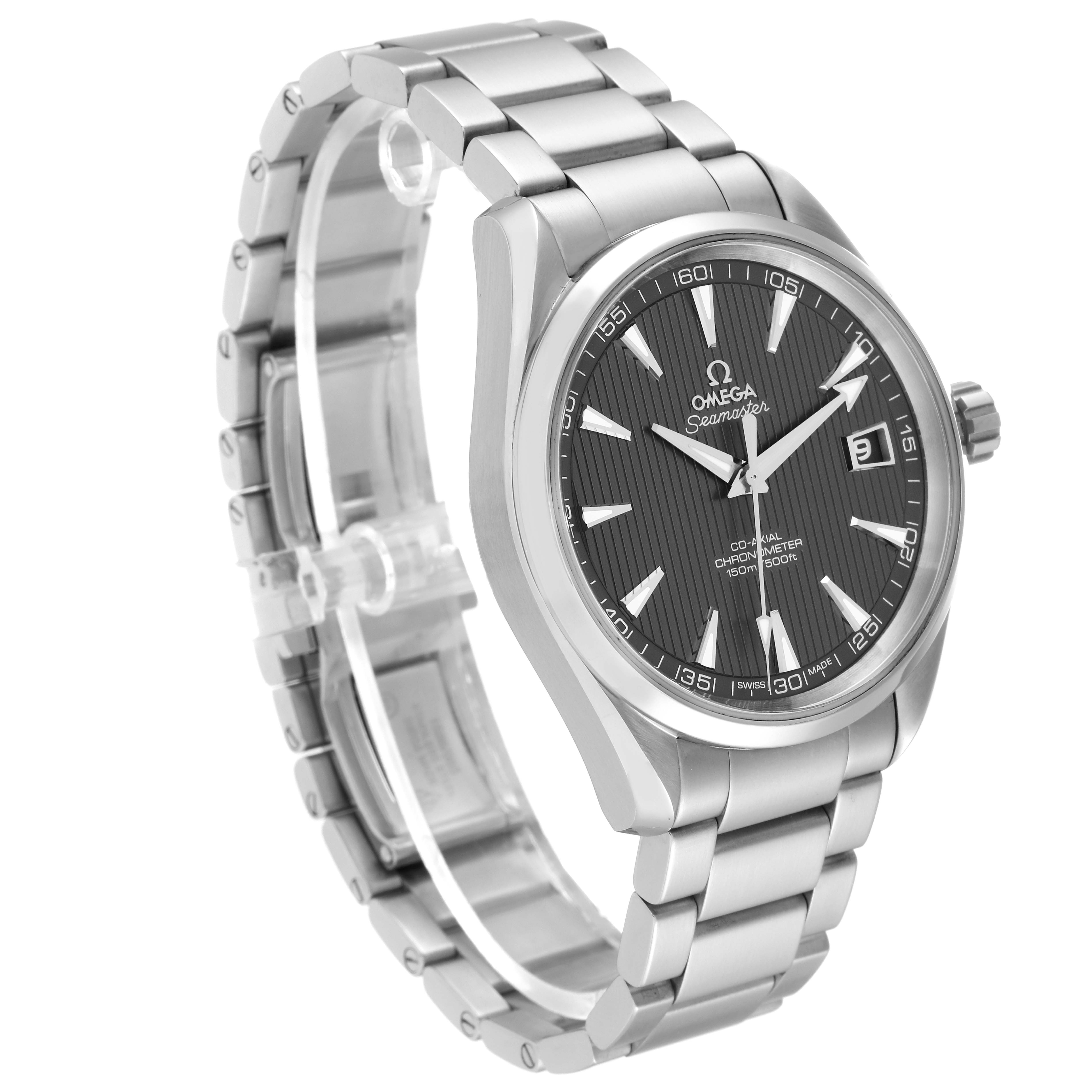 The image shows an Omega Aqua Terra 231.10.42.21.06.001 Men
s Stainless Steel Grey Dial 231.10.42.21.06.001 Men
s Stainless Steel Grey Dial watch from an angled view, highlighting the face, hour markers, and metal bracelet.