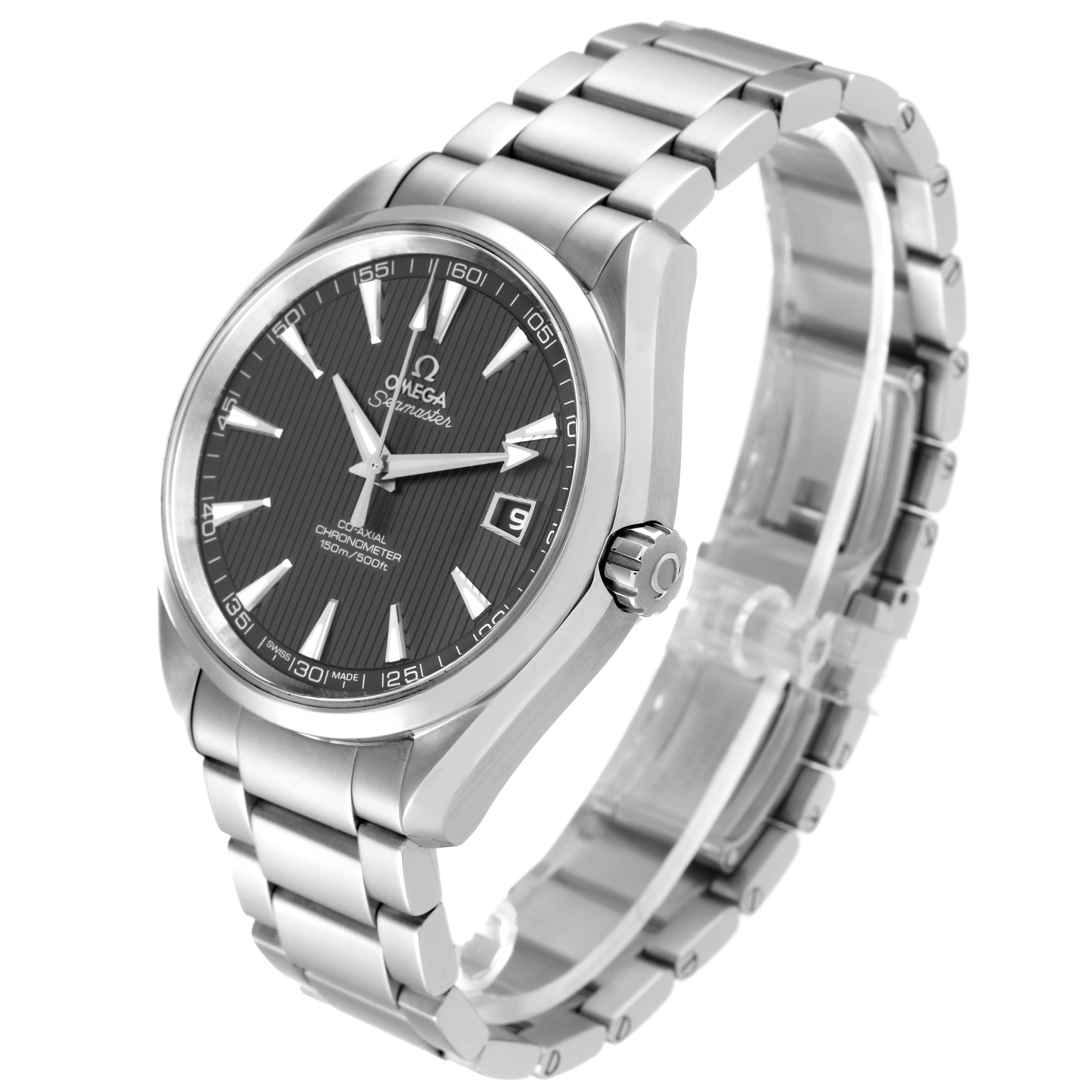 The Omega Aqua Terra 231.10.42.21.06.001 Men
s Stainless Steel Grey Dial 231.10.42.21.06.001 Men
s Stainless Steel Grey Dial watch is viewed at a three-quarter angle, showing its face, bracelet, and crown.