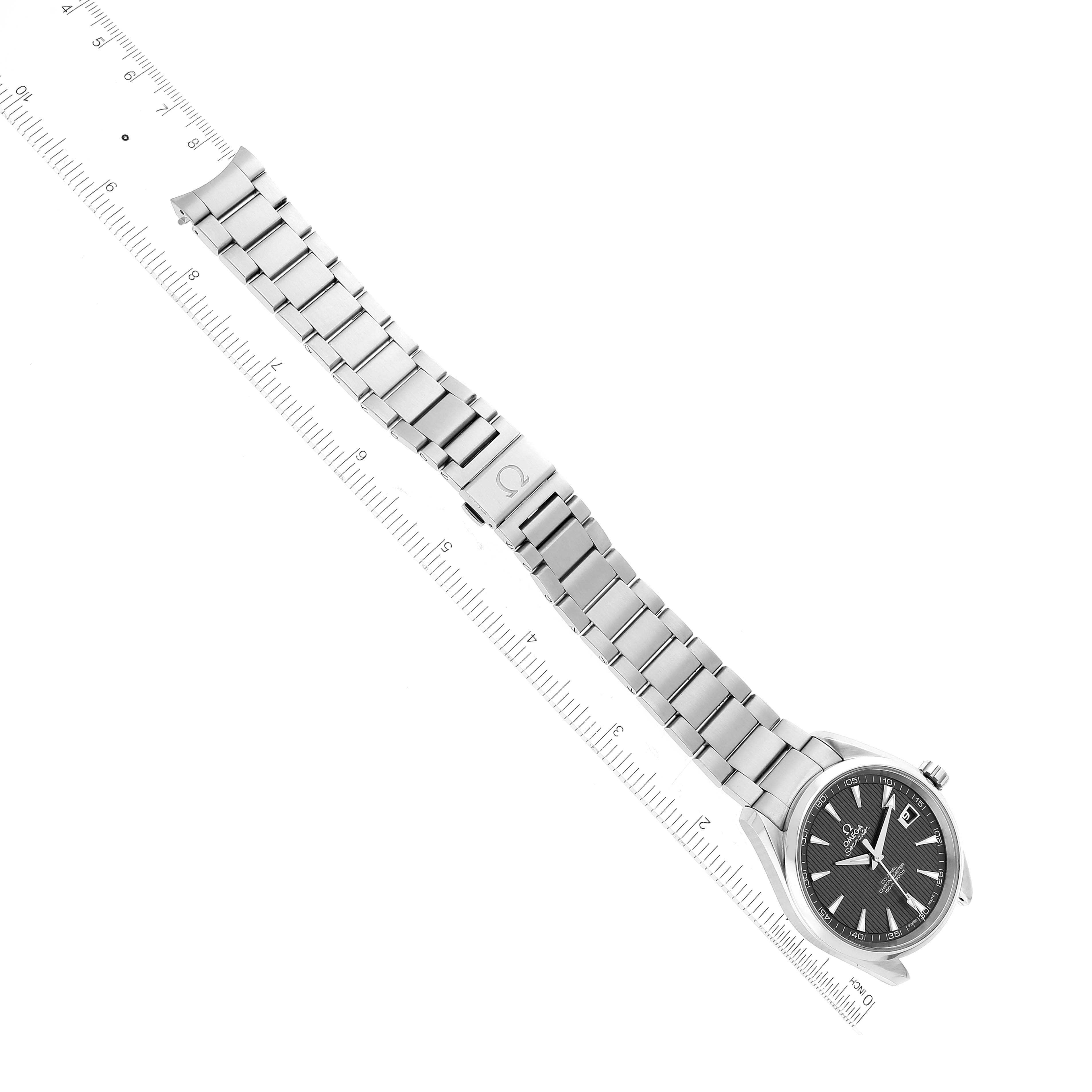 The Omega Aqua Terra 231.10.42.21.06.001 Men
s Stainless Steel Grey Dial 231.10.42.21.06.001 Men
s Stainless Steel Grey Dial watch is shown from a top-down angle, highlighting its metal bracelet, clasp, and face.