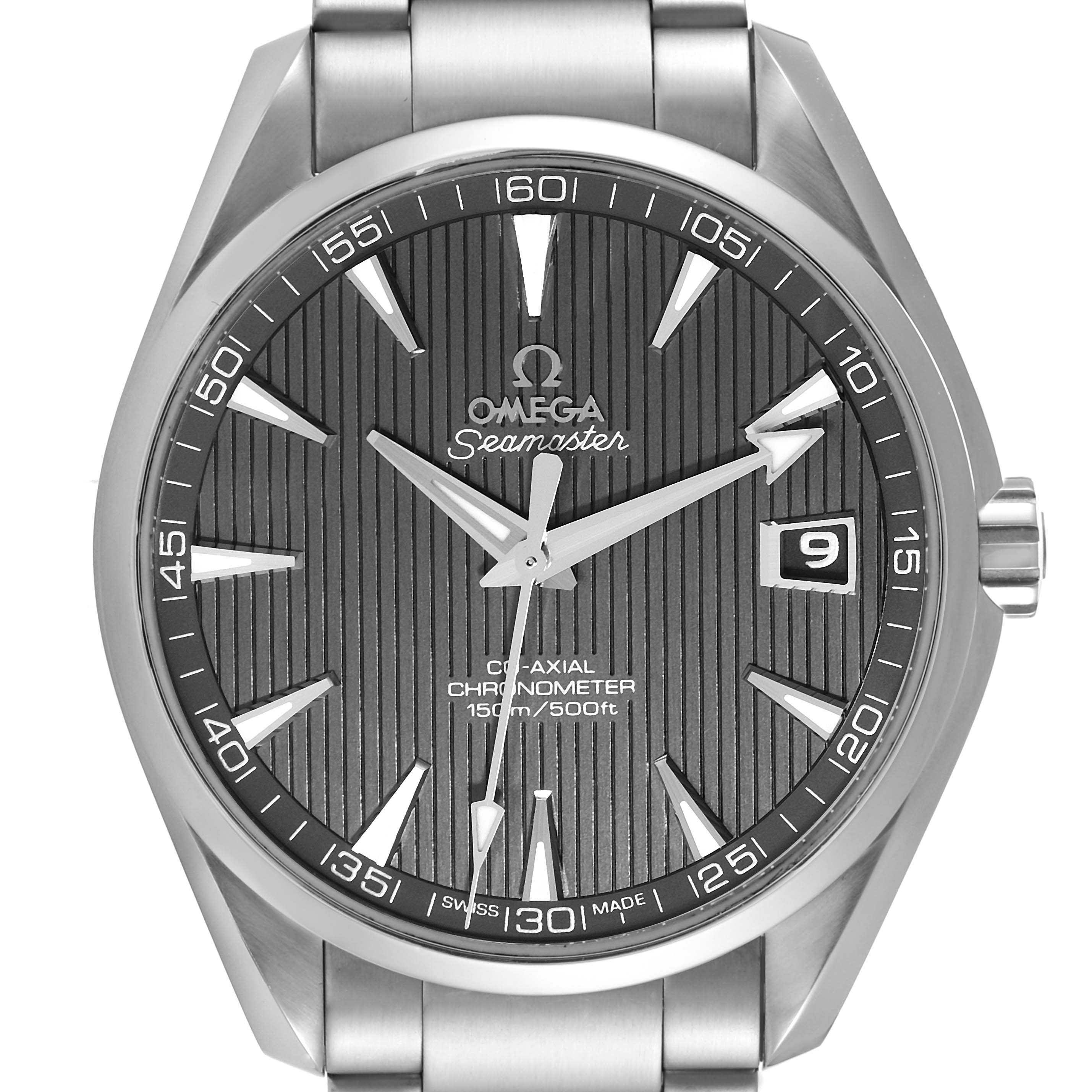 This image shows a front view of the Omega Aqua Terra 231.10.42.21.06.001 Men
s Stainless Steel Grey Dial 231.10.42.21.06.001 Men
s Stainless Steel Grey Dial watch, displaying its dial, hands, date window, and part of the bracelet.
