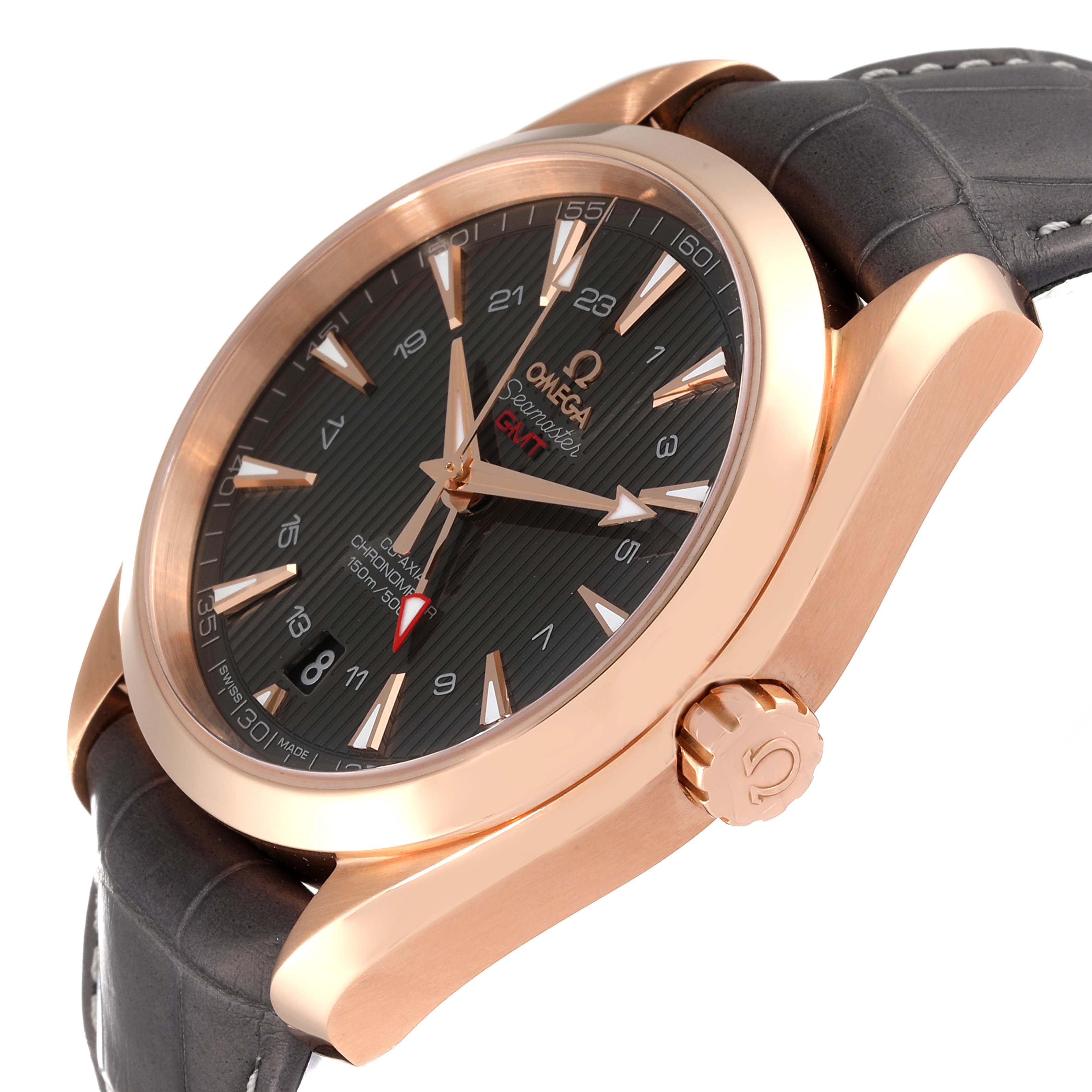 The image shows an angled, close-up view of the Omega Aqua Terra 231.53.43.22.06.002 Men's Rose Gold Grey Dial 231.53.43.22.06.002 Men's Rose Gold Grey Dial watch, highlighting the dial, case, and crown.