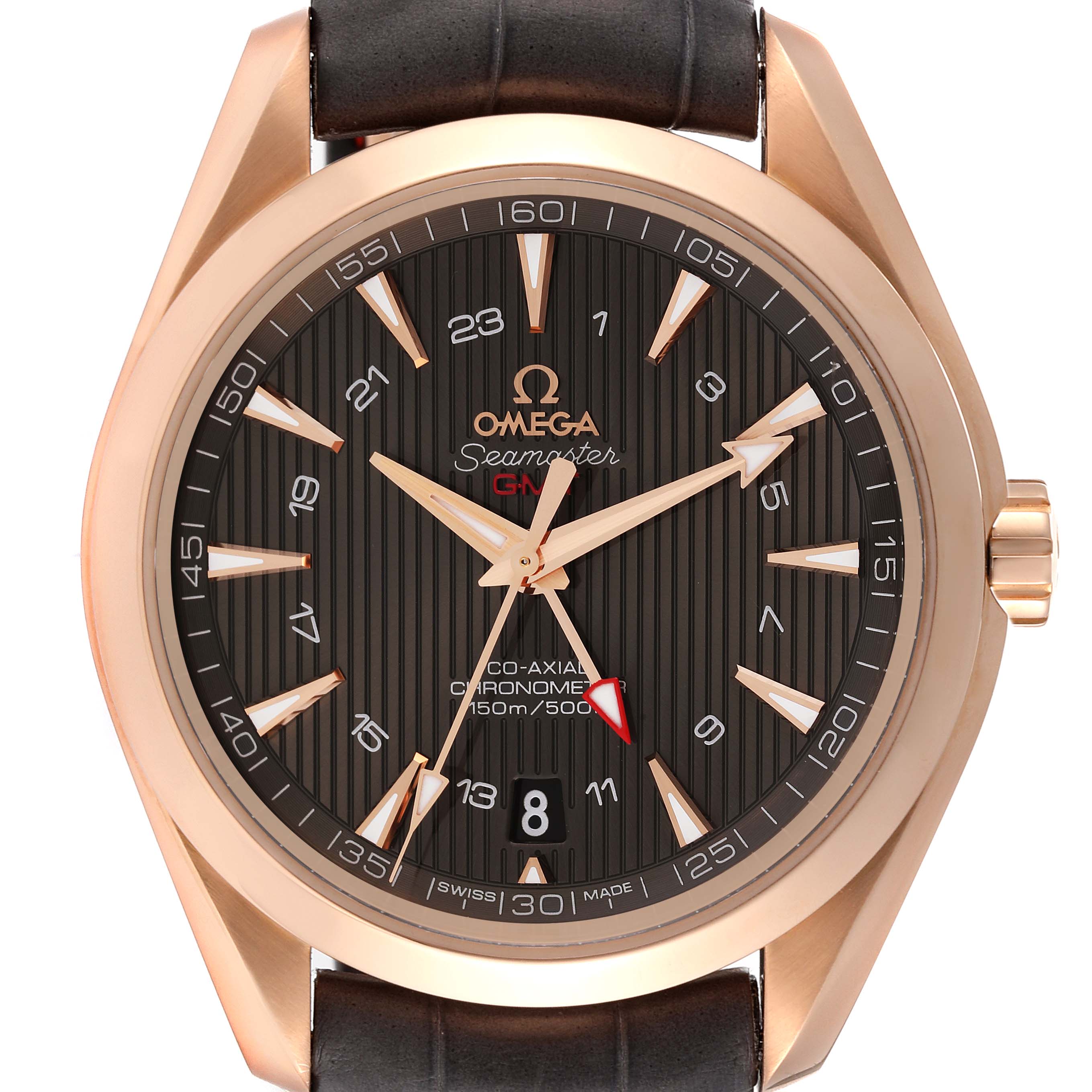 This image shows a close-up, front view of the Omega Aqua Terra 231.53.43.22.06.002 Men's Rose Gold Grey Dial 231.53.43.22.06.002 Men's Rose Gold Grey Dial watch, highlighting the dial, hands, date window, and bezel.