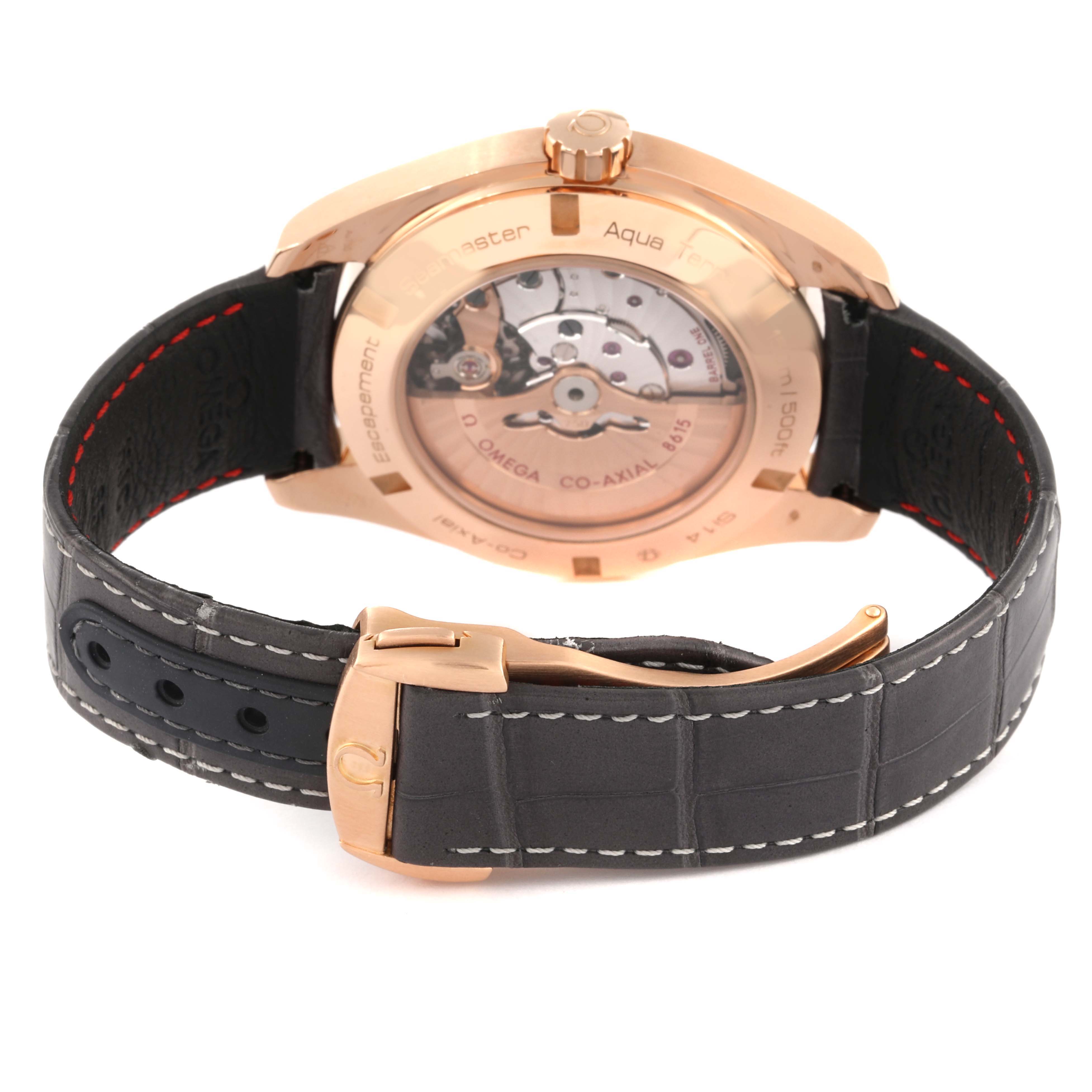 The image shows the back view of the Omega Aqua Terra 231.53.43.22.06.002 Men's Rose Gold Grey Dial 231.53.43.22.06.002 Men's Rose Gold Grey Dial watch, highlighting its movement and leather strap.