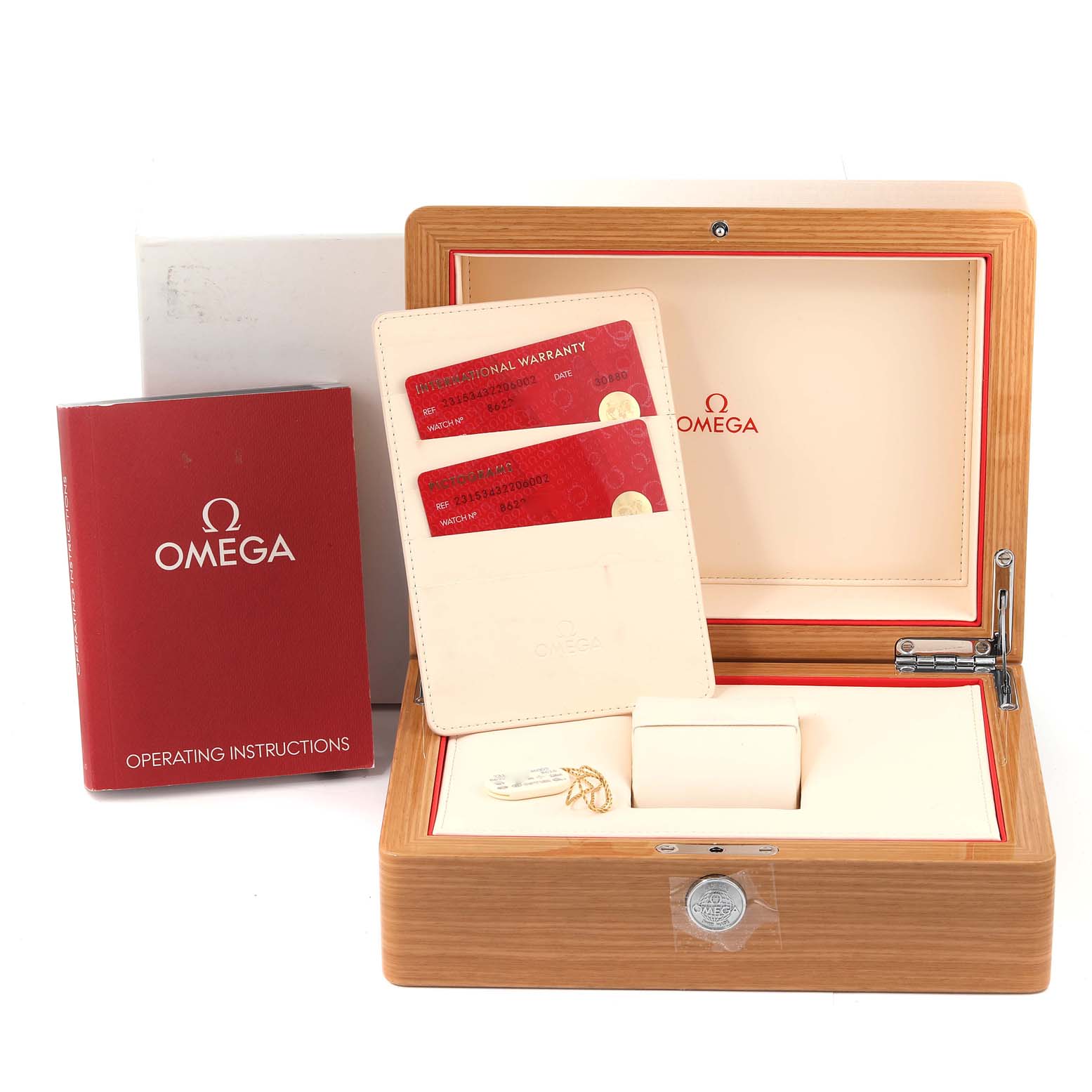 The image shows the box, operating instructions, warranty cards, and tag for an Omega Aqua Terra 231.53.43.22.06.002 Men's Rose Gold Grey Dial 231.53.43.22.06.002 Men's Rose Gold Grey Dial watch.