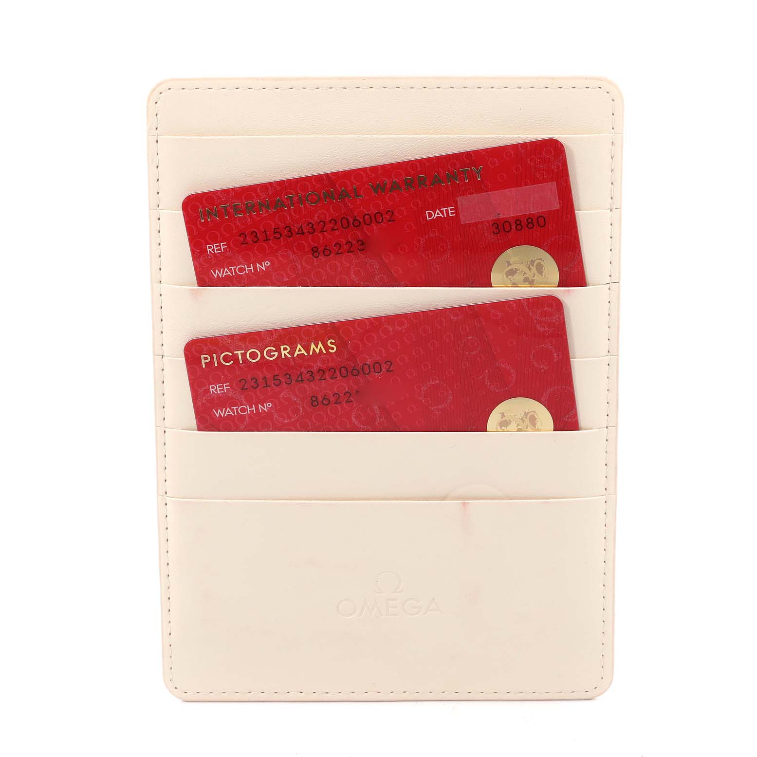 The image shows the warranty and pictogram cards for an Omega Aqua Terra 231.53.43.22.06.002 Men's Rose Gold Grey Dial 231.53.43.22.06.002 Men's Rose Gold Grey Dial watch in a beige cardholder.