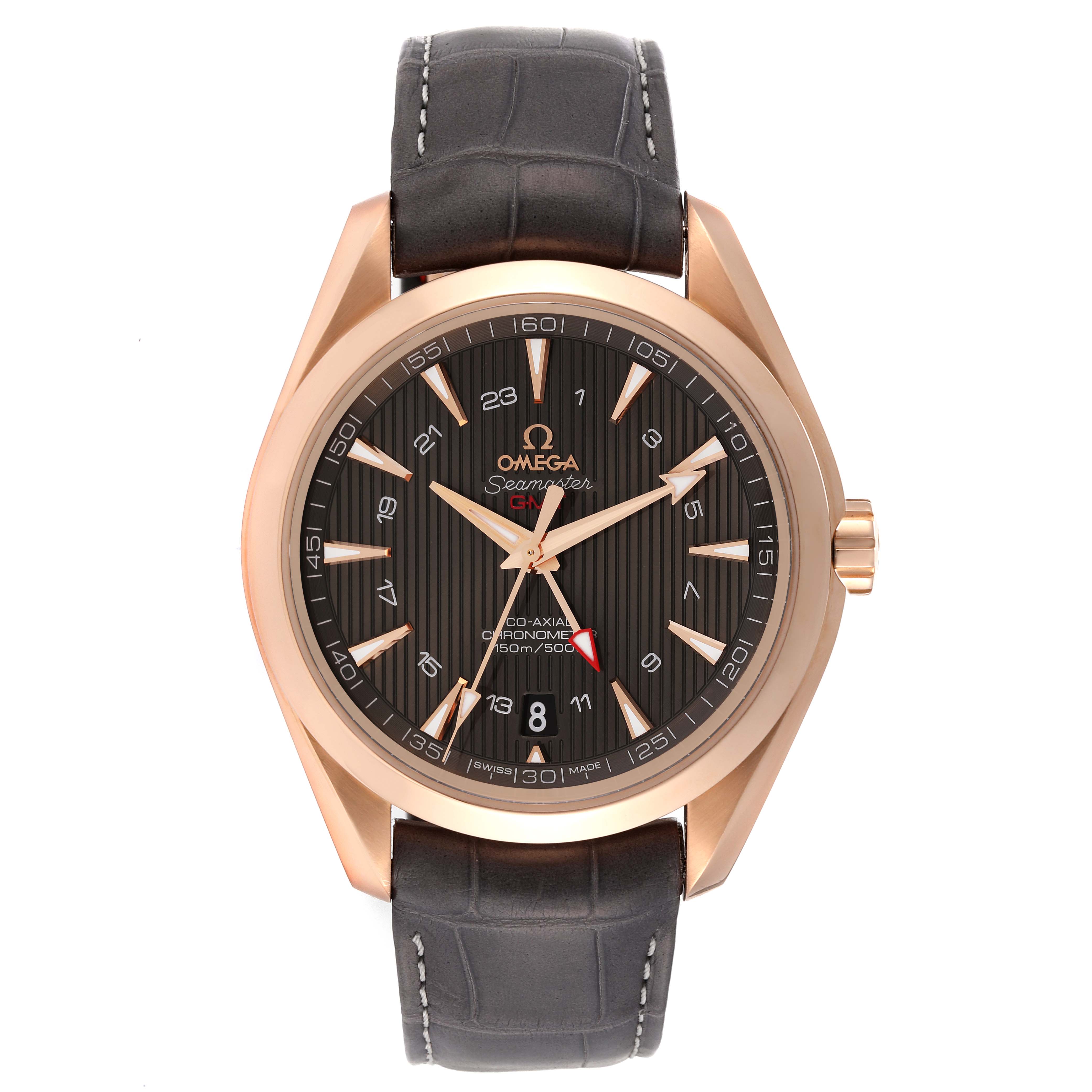The image displays a front view of the Omega Seamaster Aqua Terra watch, showcasing its face, bezel, and leather strap.