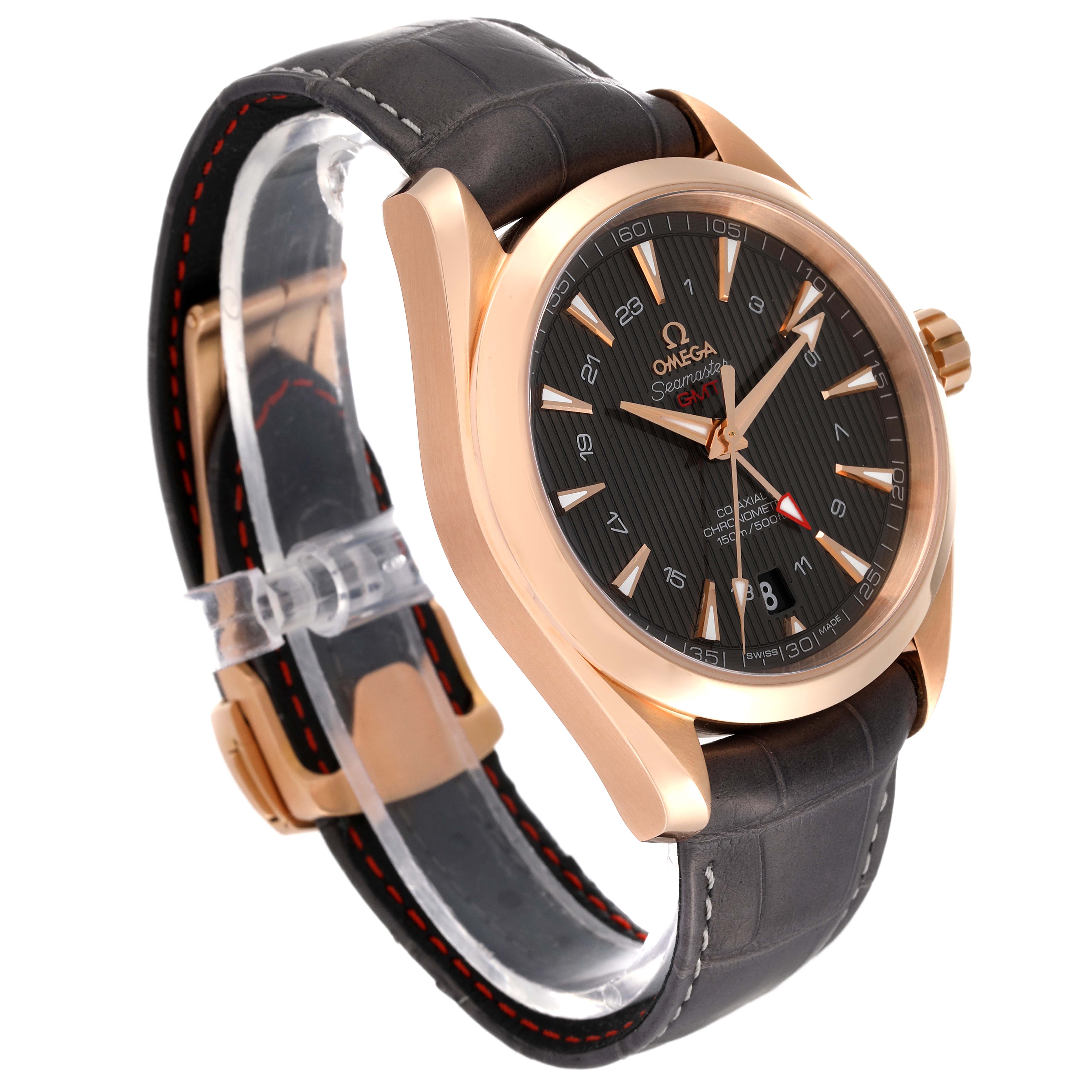 The Omega Aqua Terra 231.53.43.22.06.002 Men's Rose Gold Grey Dial 231.53.43.22.06.002 Men's Rose Gold Grey Dial watch is viewed at an angle showcasing its face, bezel, crown, and leather strap with visible stitching.