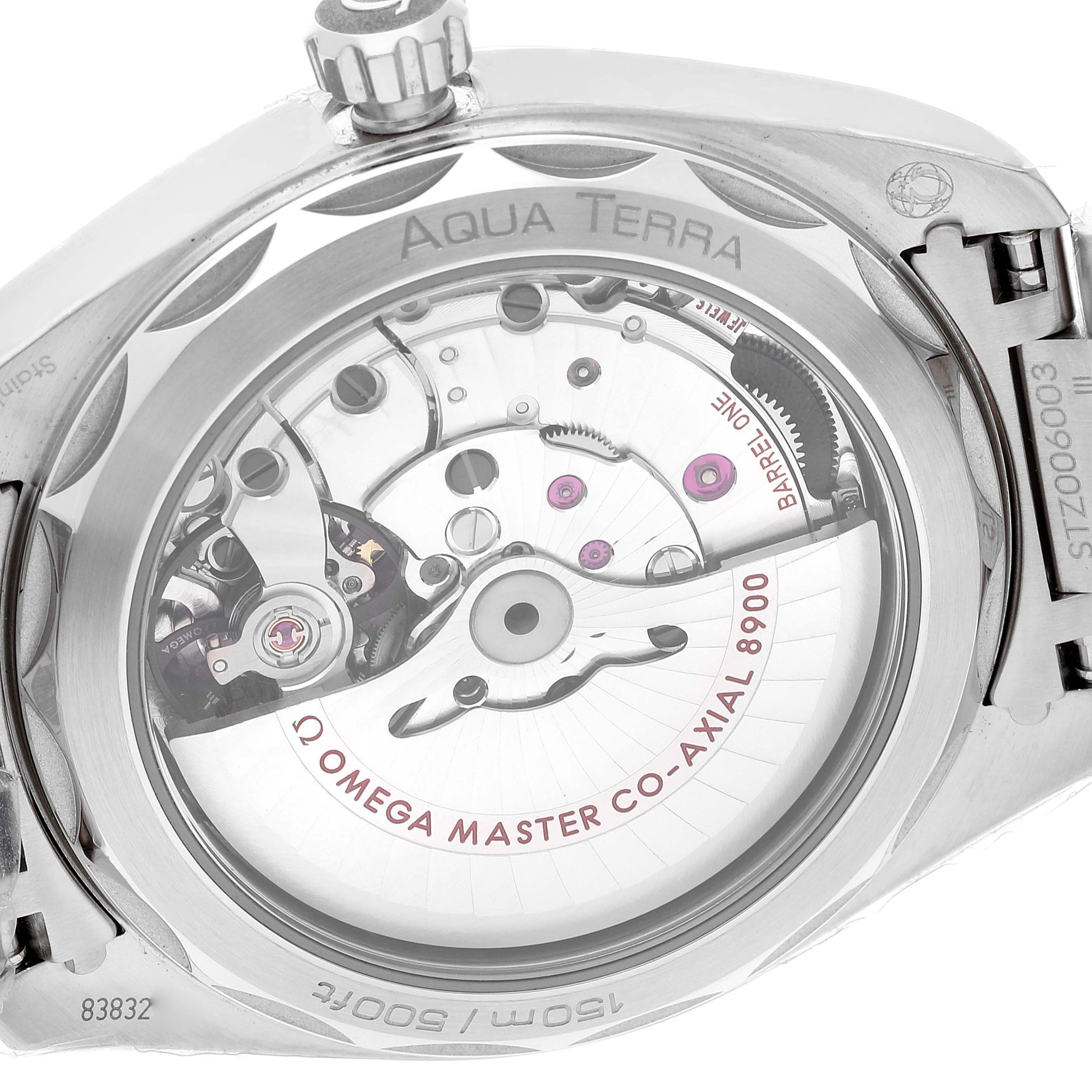 The image shows the back case of the Omega Aqua Terra 220.10.41.21.10.001 Men's Stainless Steel Green Dial 220.10.41.21.10.001 Men's Stainless Steel Green Dial watch, revealing the intricate movement and internal mechanisms.