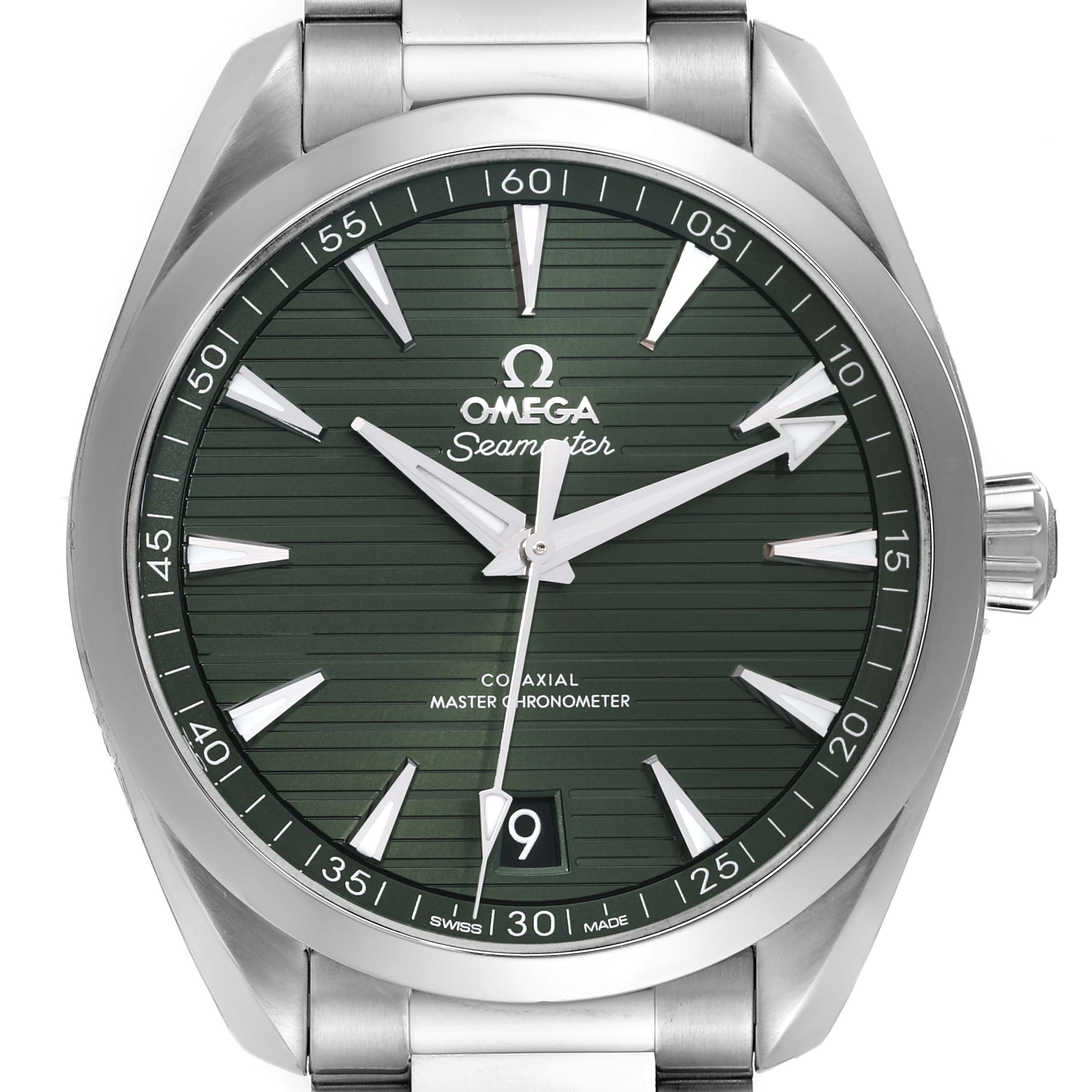 The image shows a front view of the Omega Aqua Terra 220.10.41.21.10.001 Men's Stainless Steel Green Dial 220.10.41.21.10.001 Men's Stainless Steel Green Dial watch, featuring its green dial, silver hour markers, and date display at 6 o'clock.