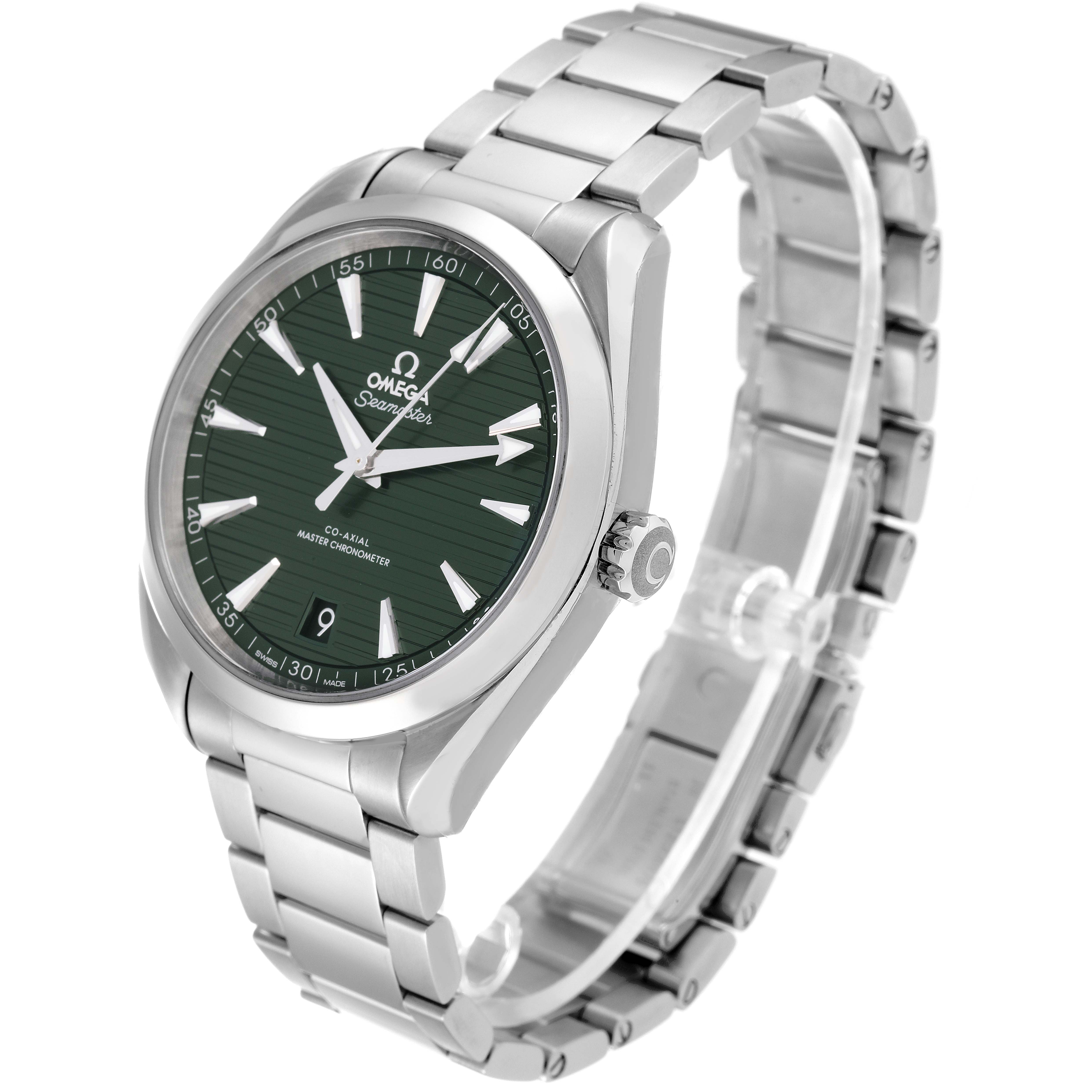 The image shows an Omega Aqua Terra 220.10.41.21.10.001 Men's Stainless Steel Green Dial 220.10.41.21.10.001 Men's Stainless Steel Green Dial watch at a three-quarter angle, highlighting the green dial, bracelet, and crown.