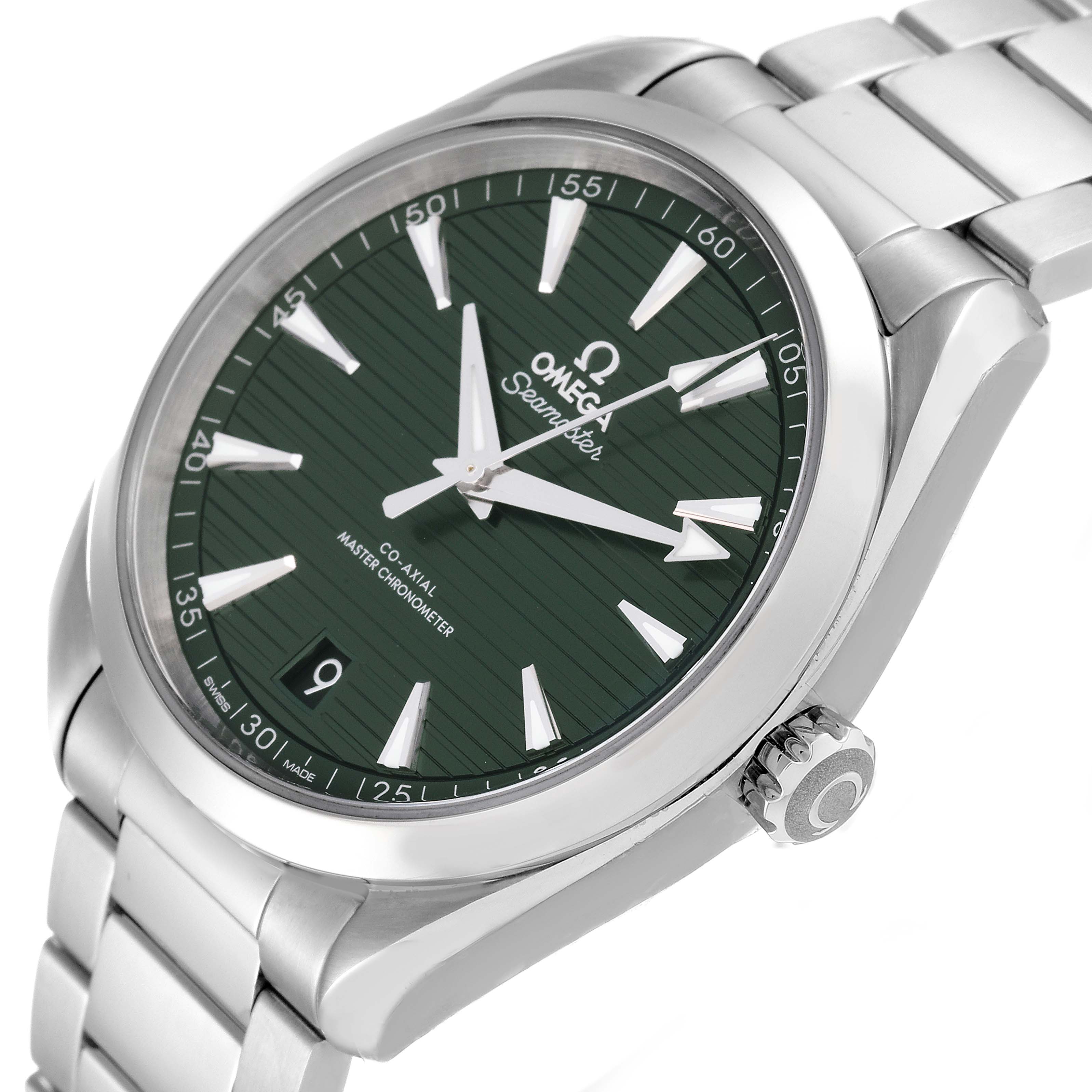The image shows a front-side angle of the Omega Aqua Terra 220.10.41.21.10.001 Men's Stainless Steel Green Dial 220.10.41.21.10.001 Men's Stainless Steel Green Dial watch, highlighting the green dial, hands, hour markers, crown, and part of the bracelet.