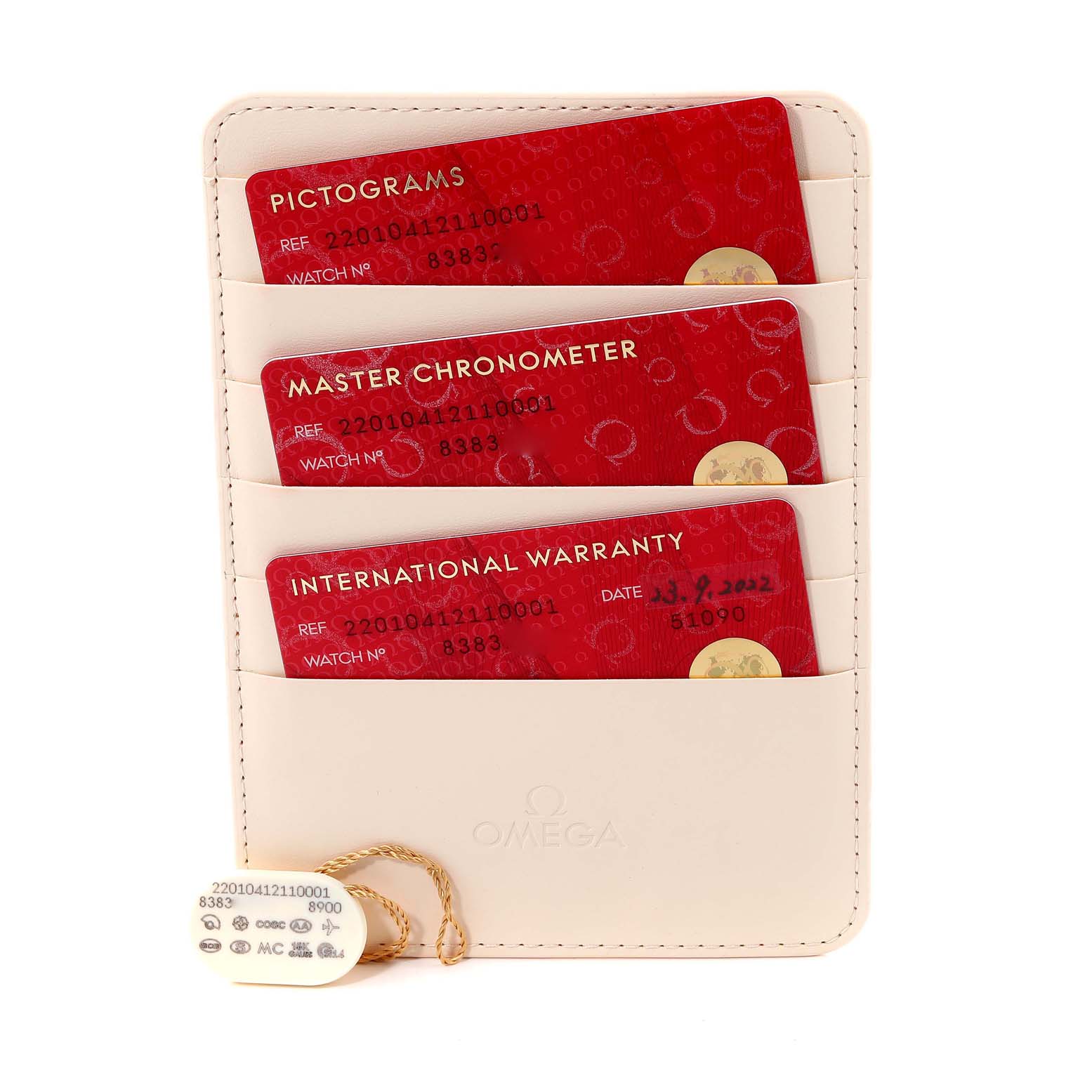 This image shows a front view of Omega Aqua Terra 220.10.41.21.10.001 Men's Stainless Steel Green Dial 220.10.41.21.10.001 Men's Stainless Steel Green Dial model warranty and information cards in a white cardholder.