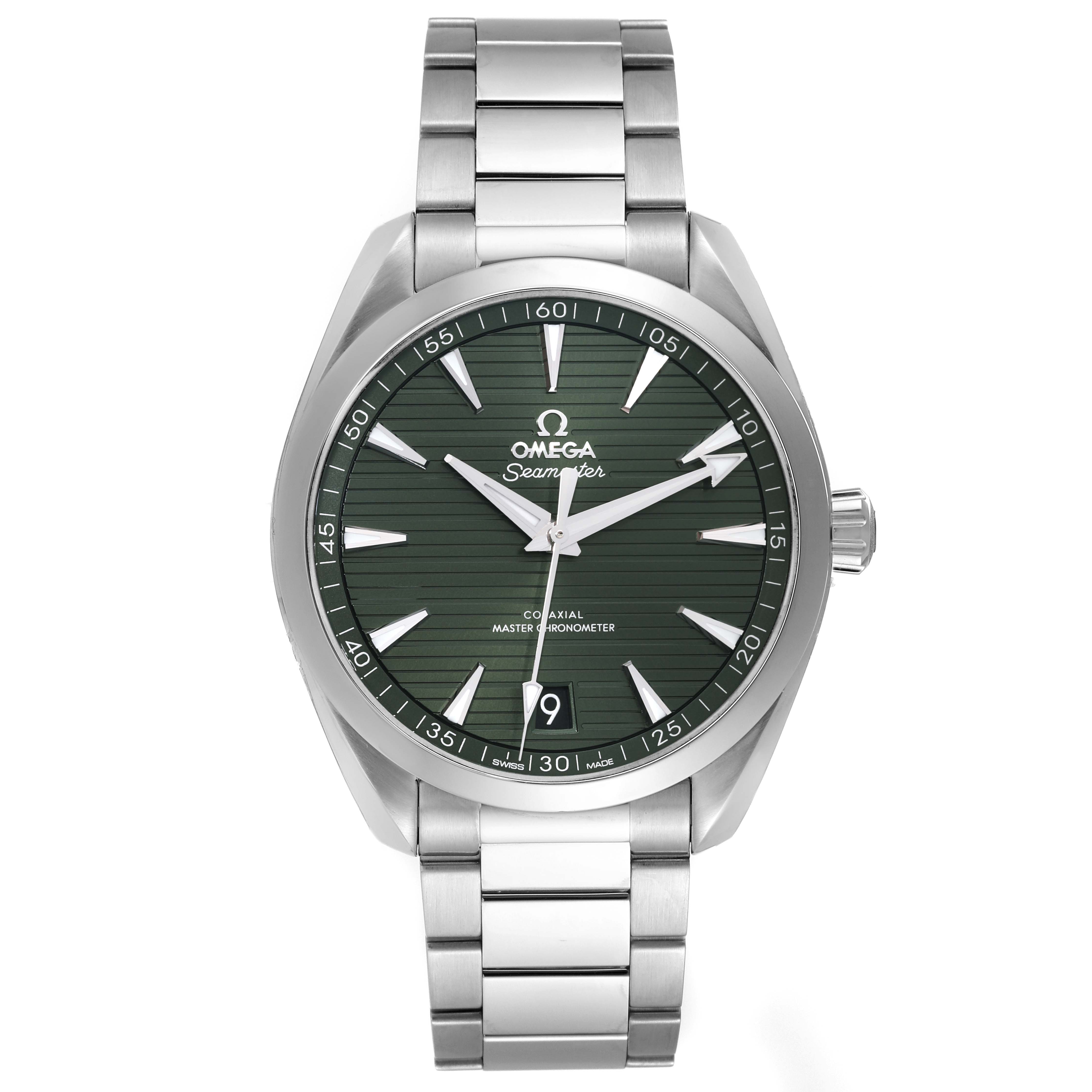 This image shows a front view of an Omega Aqua Terra 220.10.41.21.10.001 Men's Stainless Steel Green Dial 220.10.41.21.10.001 Men's Stainless Steel Green Dial watch, highlighting the face, bezel, and bracelet.